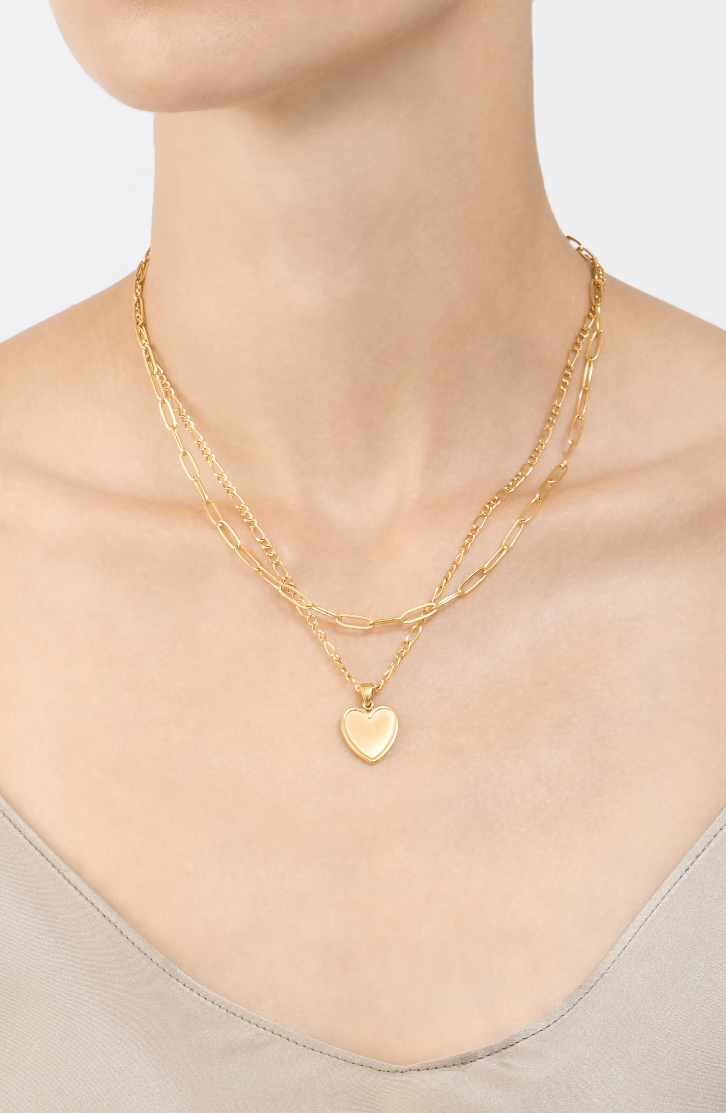 Adornia Paper Clip and Figaro Heart Chain Set gold