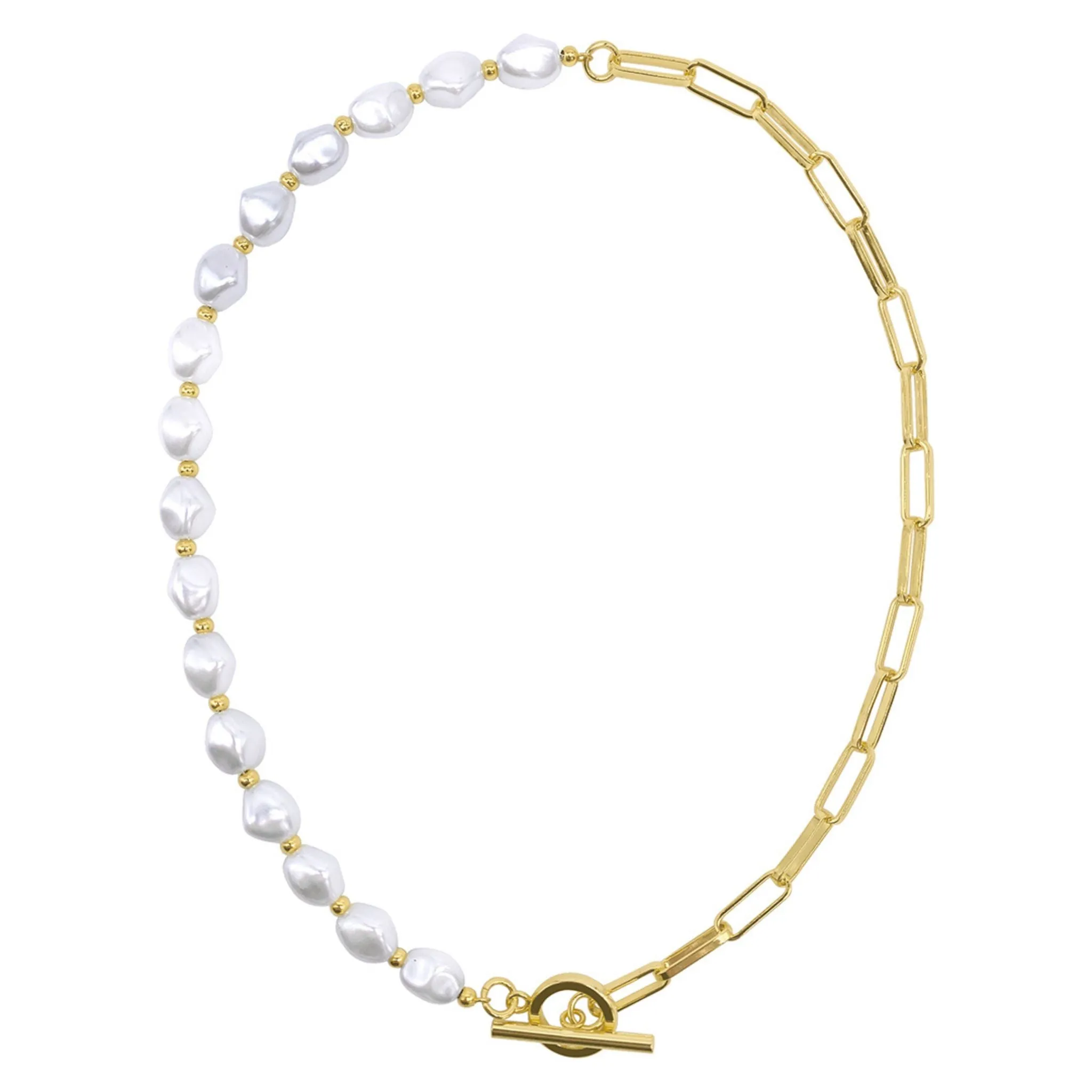 Adornia Pearl and Paper Clip Chain Toggle Necklace gold