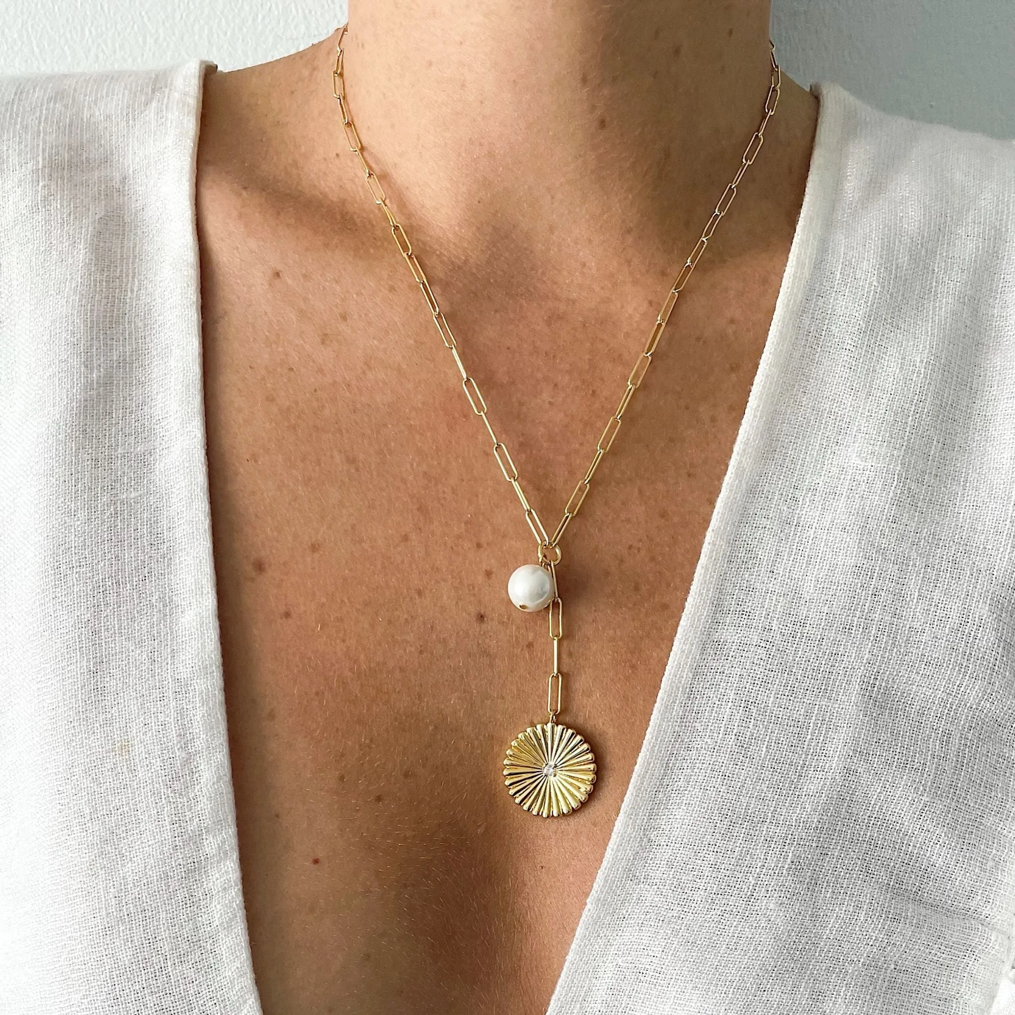 Adornia Sunburst Pendant Y- Necklace with Pearl Drop
