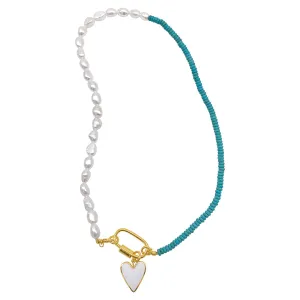 Adornia Turquoise and Freshwater Pearl Lock and Heart Pendant Necklace gold