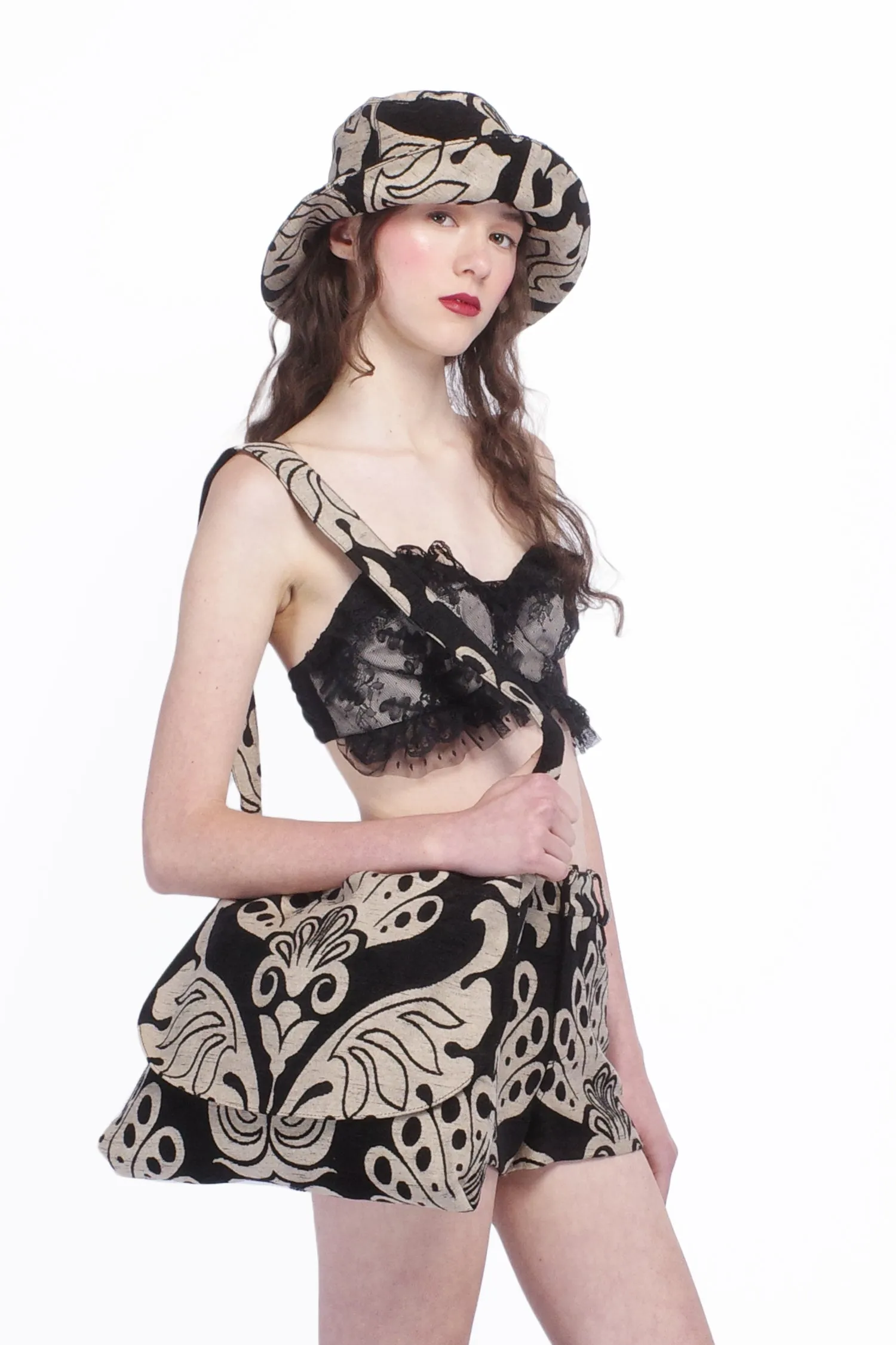 Black Lace Combo Ruffle Lace Bralette Annasui