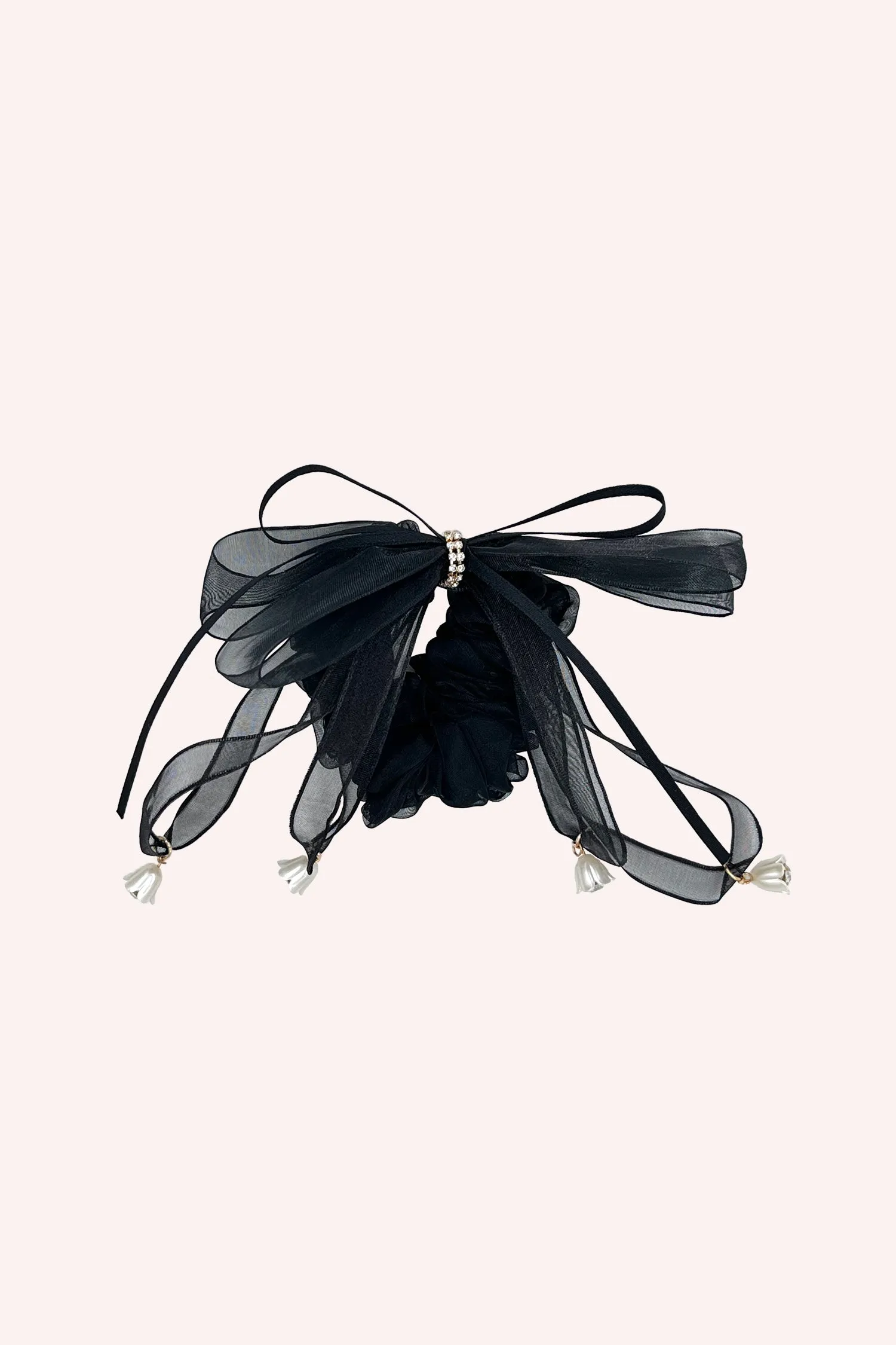 Black Mesh Bow Flower Embellished Scrunchie Annasui