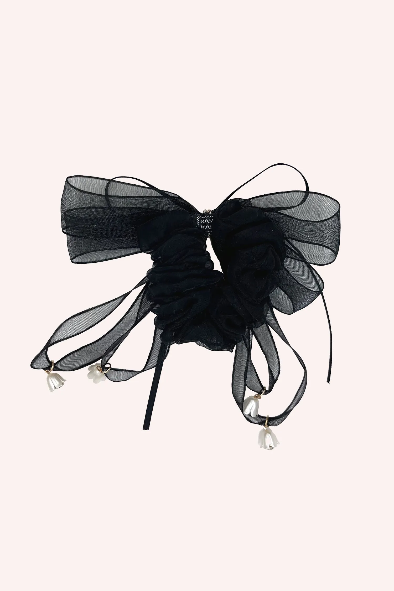 Black Mesh Bow Flower Embellished Scrunchie Annasui
