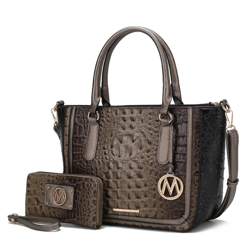 Bonnie Faux Crocodile-Embossed Vegan Leather Womens Satchel with Wallet Bag - 2 pieces