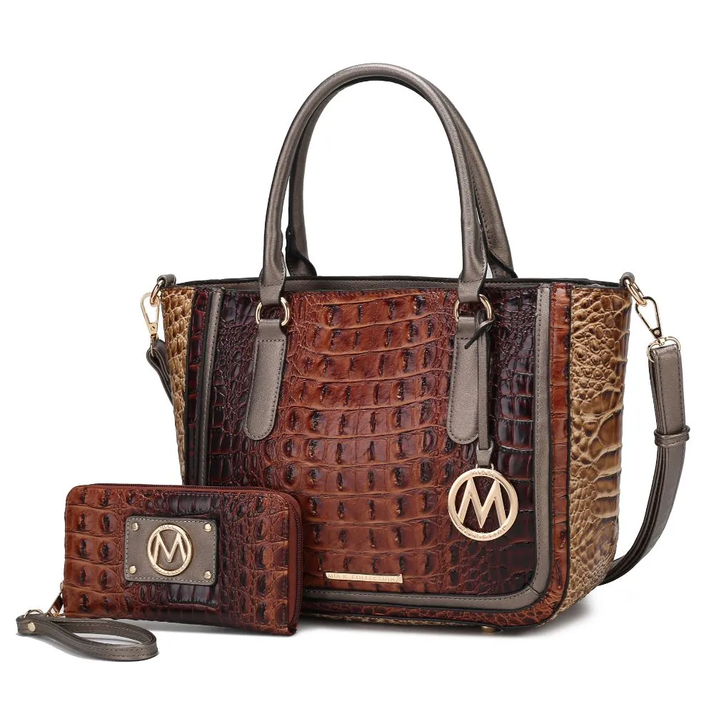 Bonnie Faux Crocodile-Embossed Vegan Leather Womens Satchel with Wallet Bag - 2 pieces