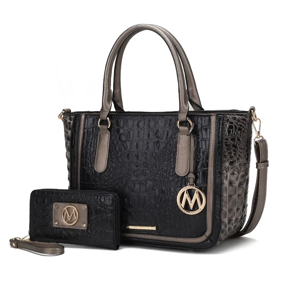 Bonnie Faux Crocodile-Embossed Vegan Leather Womens Satchel with Wallet Bag - 2 pieces