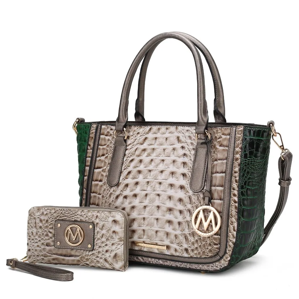 Bonnie Faux Crocodile-Embossed Vegan Leather Womens Satchel with Wallet Bag - 2 pieces