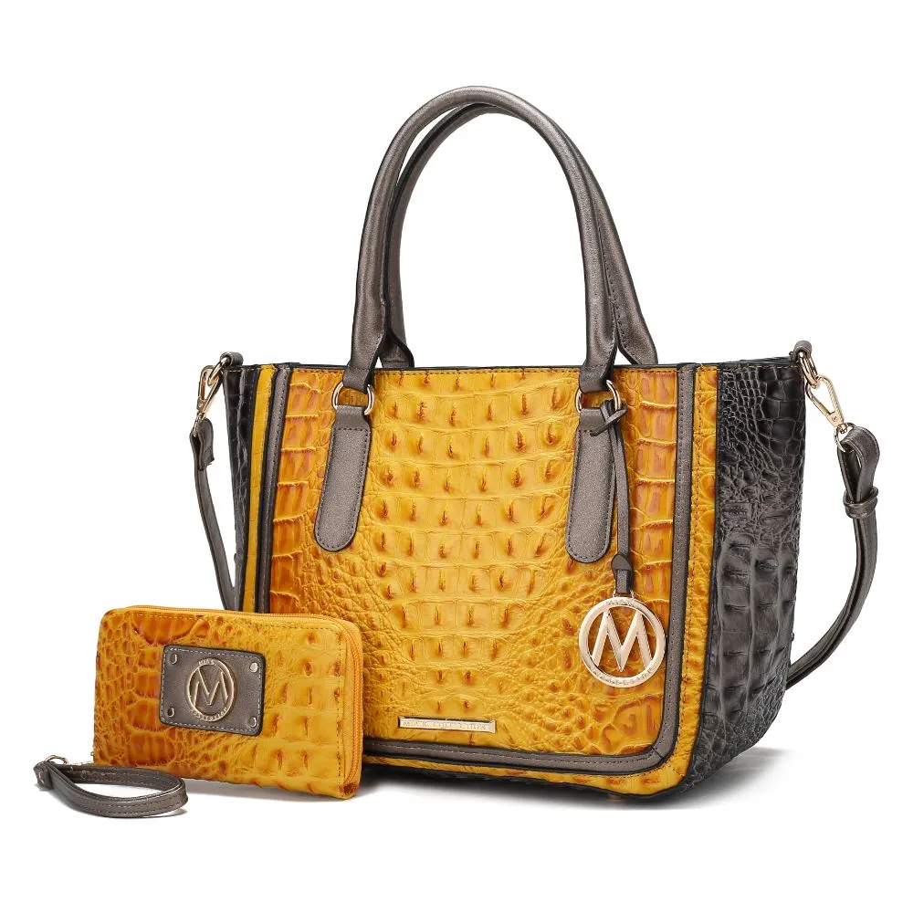 Bonnie Faux Crocodile-Embossed Vegan Leather Womens Satchel with Wallet Bag - 2 pieces