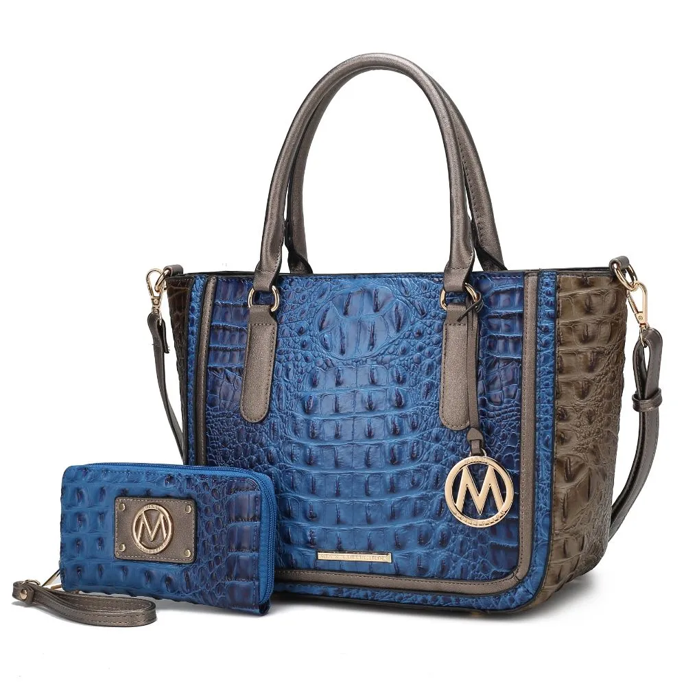Bonnie Faux Crocodile-Embossed Vegan Leather Womens Satchel with Wallet Bag - 2 pieces