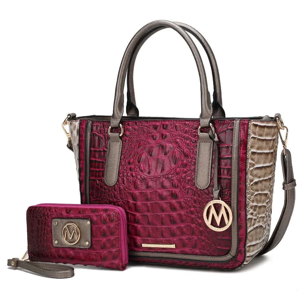 Bonnie Faux Crocodile-Embossed Vegan Leather Womens Satchel with Wallet Bag - 2 pieces