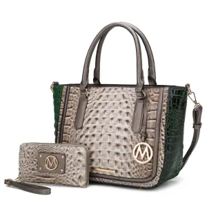 Bonnie Faux Crocodile-Embossed Vegan Leather Womens Satchel with Wallet Bag - 2 pieces