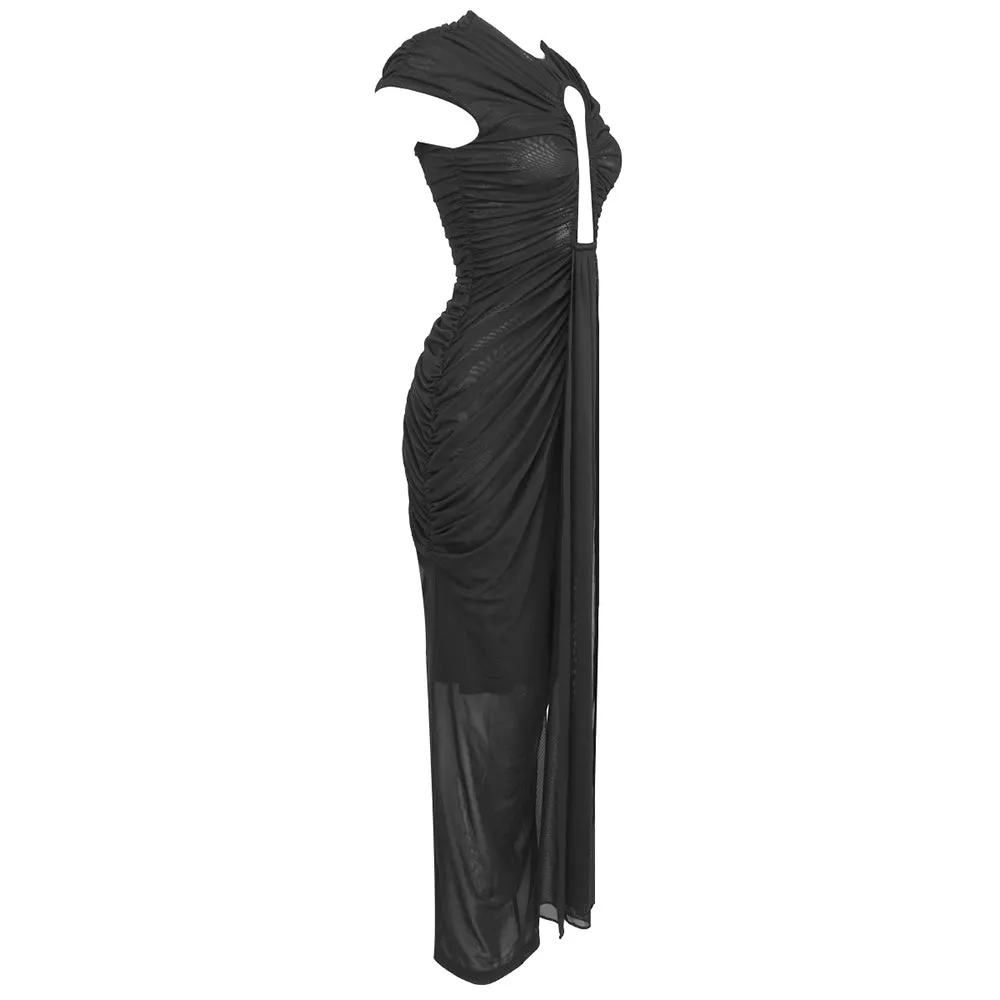 BRIANNA DRAPED KEYHOLE BODYCON GOWN IN BLACK Gloria Lanvin