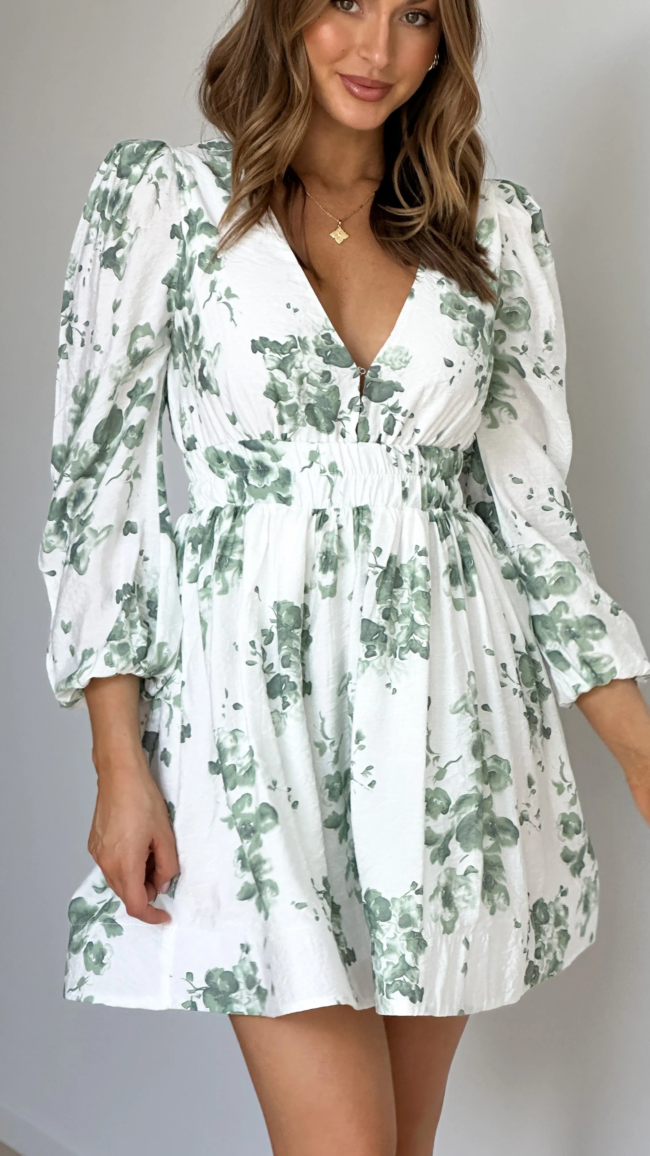 Charlotte Mini Dress - Green/White Floral Billy J