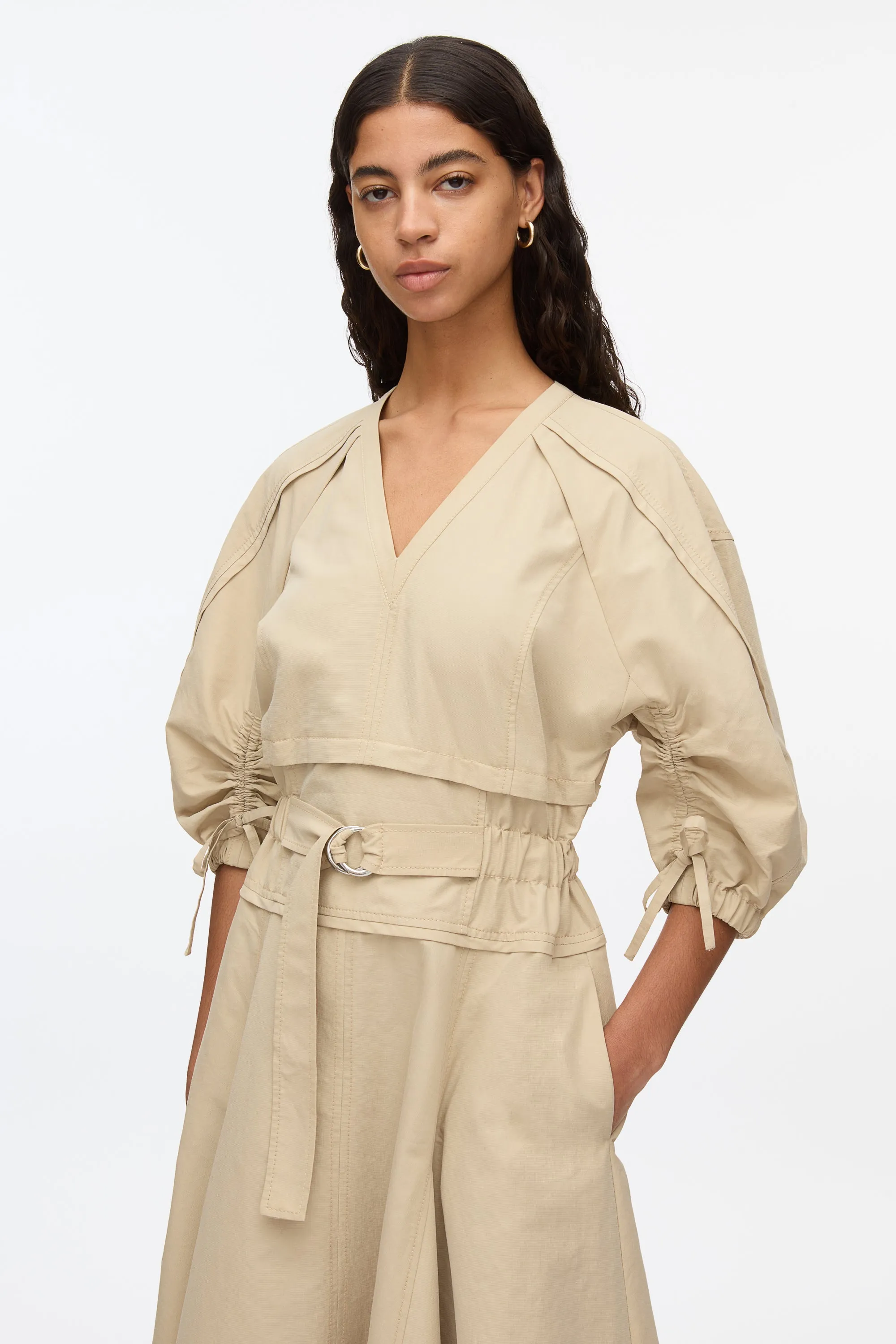 Cinched V-Neck Dress with Gathered Sleeves