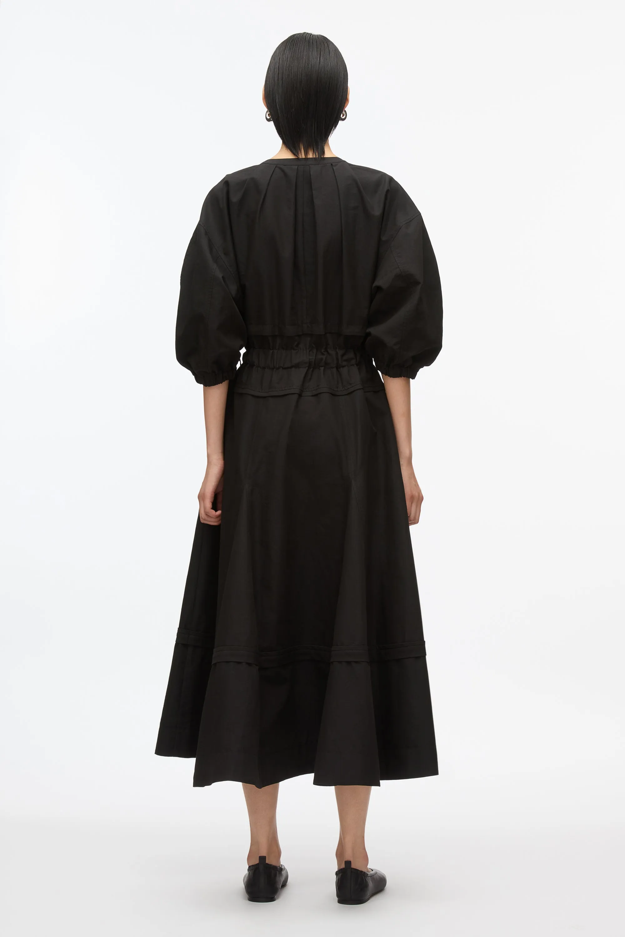 Cinched V-Neck Dress with Gathered Sleeves