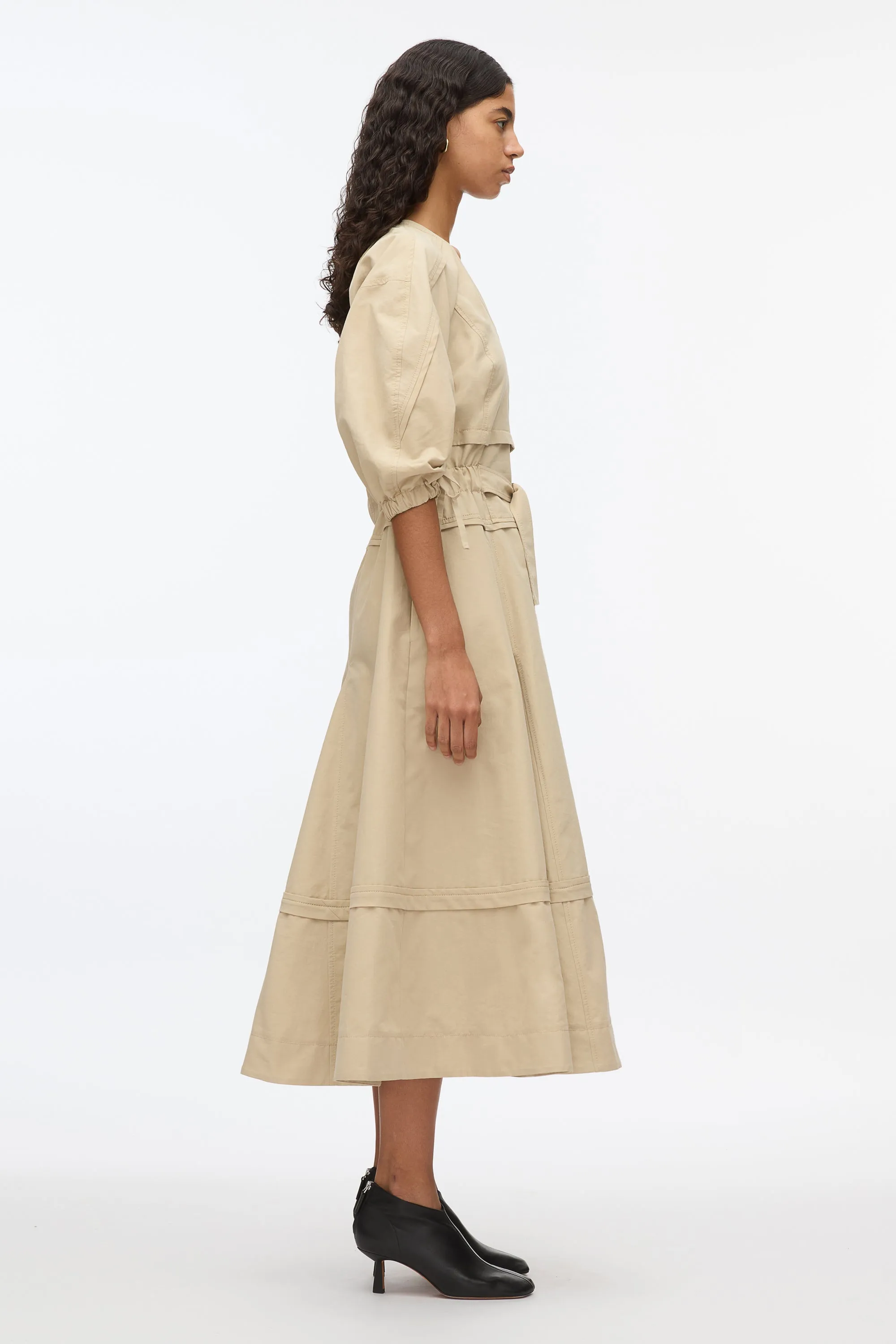 Cinched V-Neck Dress with Gathered Sleeves