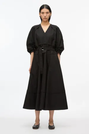 Cinched V-Neck Dress with Gathered Sleeves