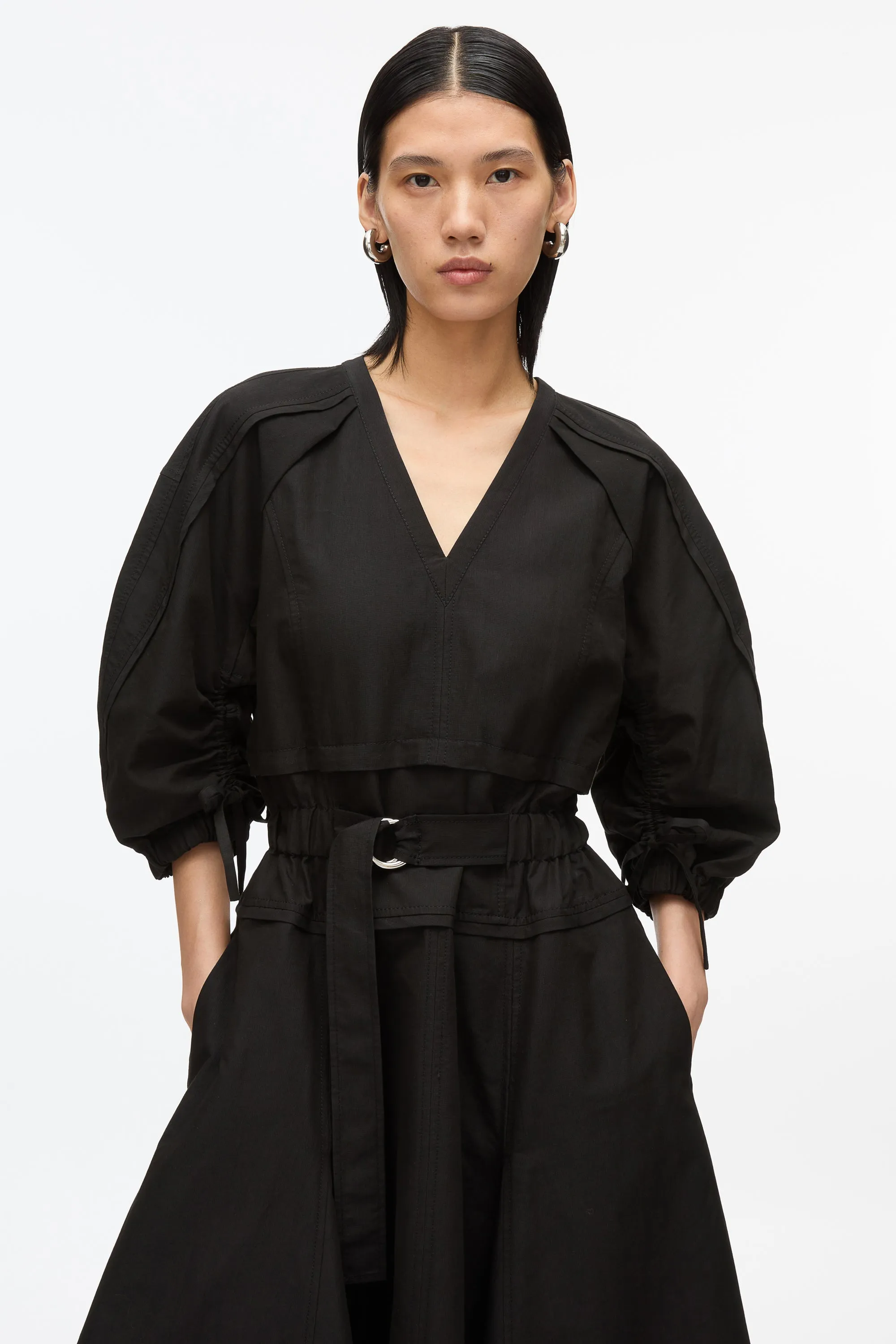 Cinched V-Neck Dress with Gathered Sleeves