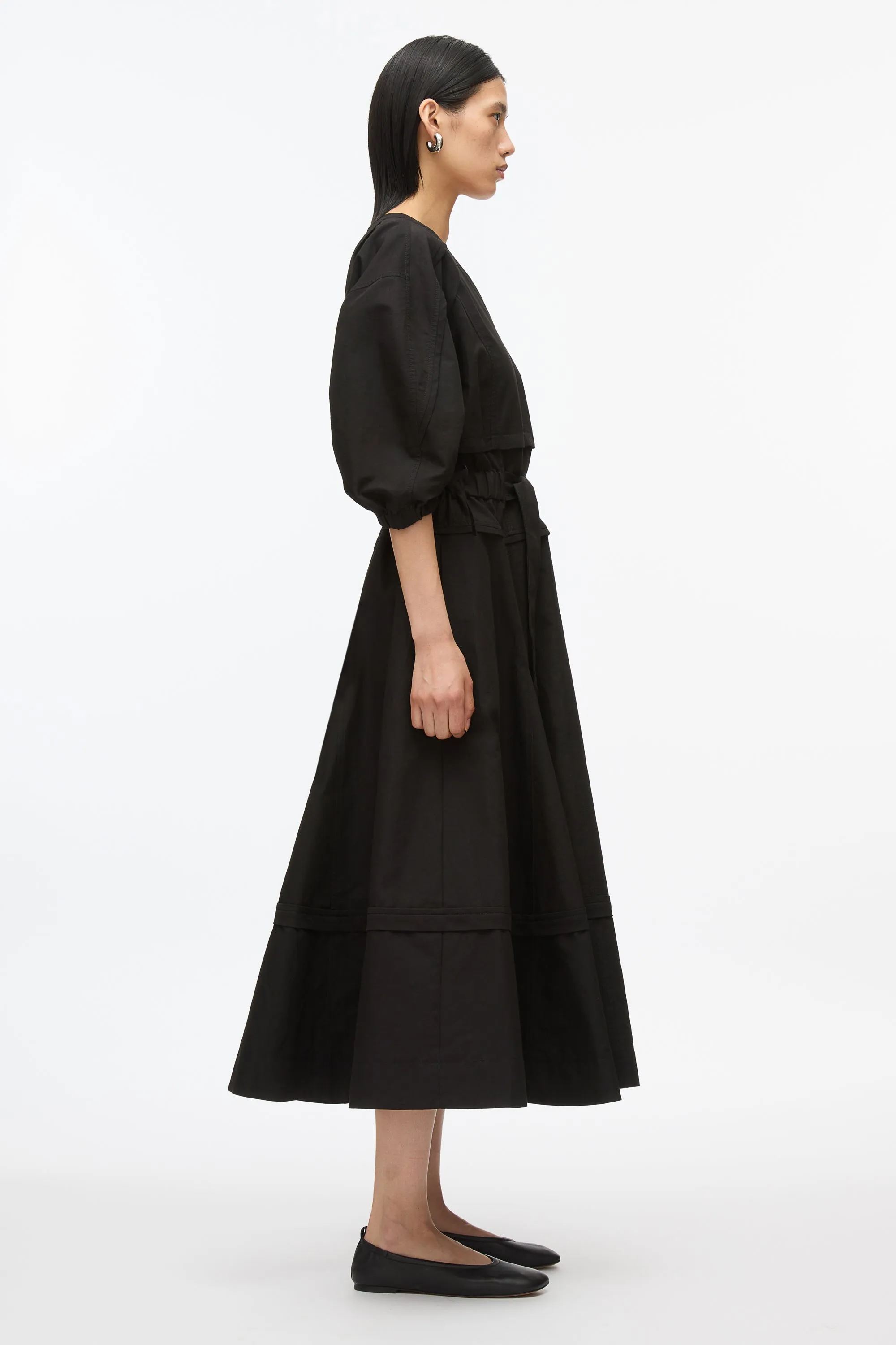 Cinched V-Neck Dress with Gathered Sleeves