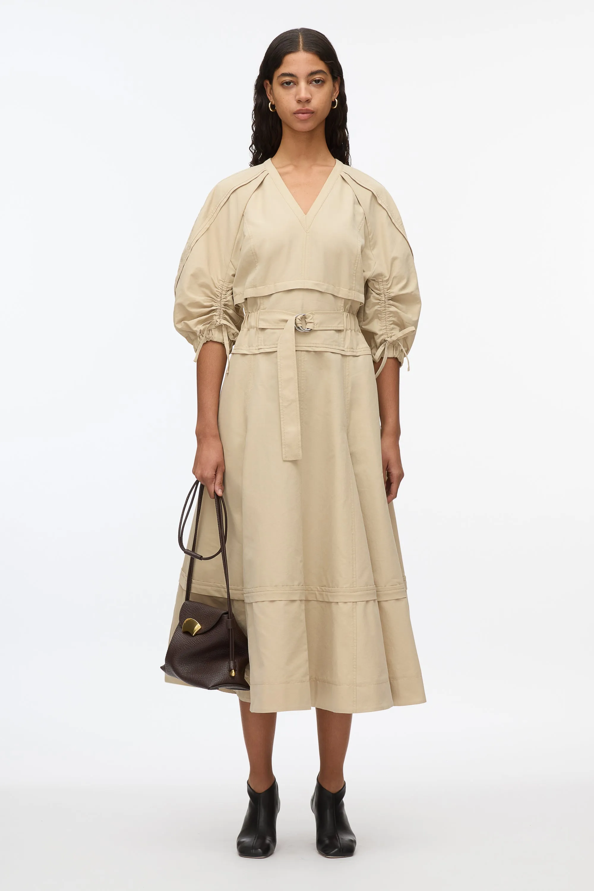 Cinched V-Neck Dress with Gathered Sleeves