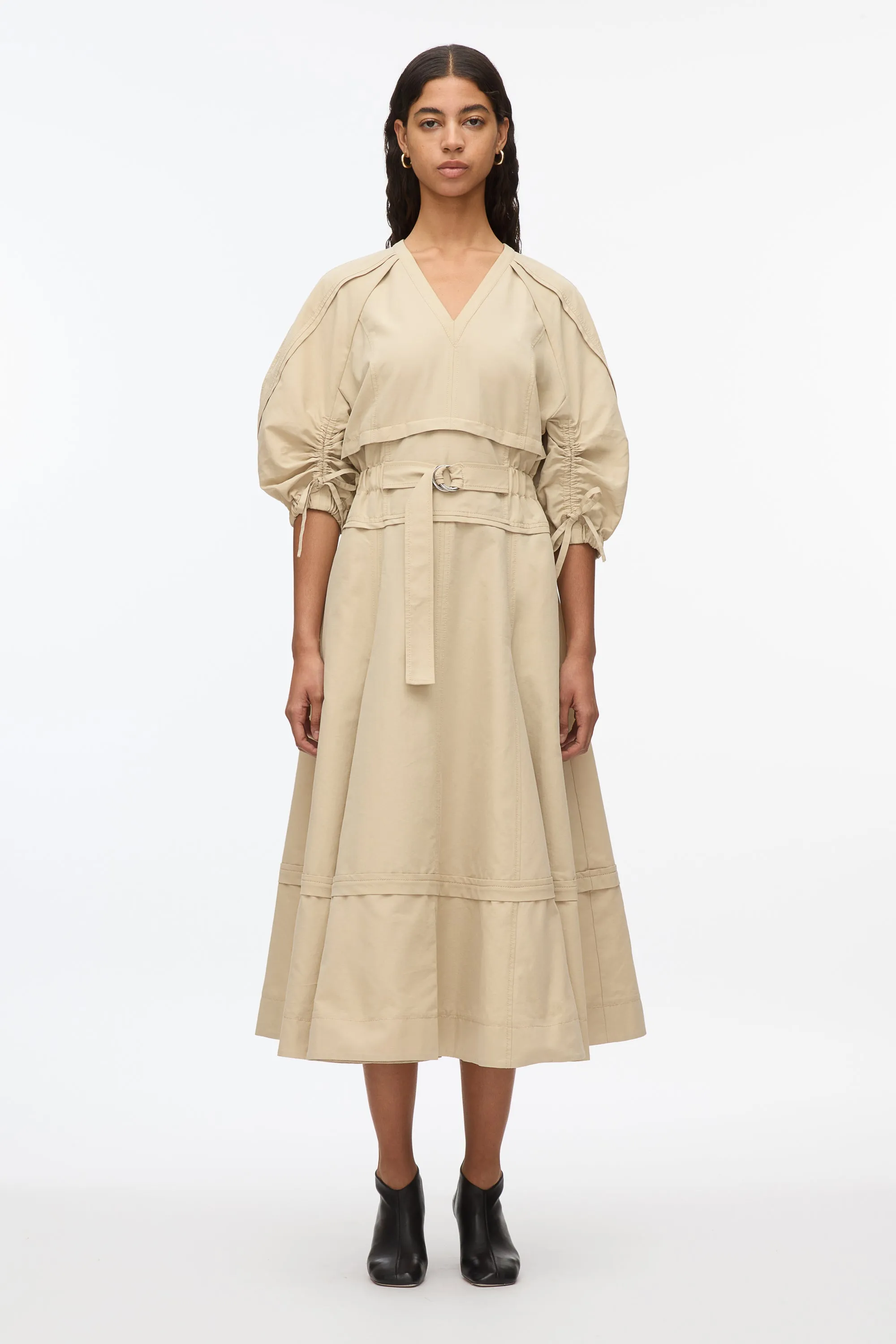 Cinched V-Neck Dress with Gathered Sleeves