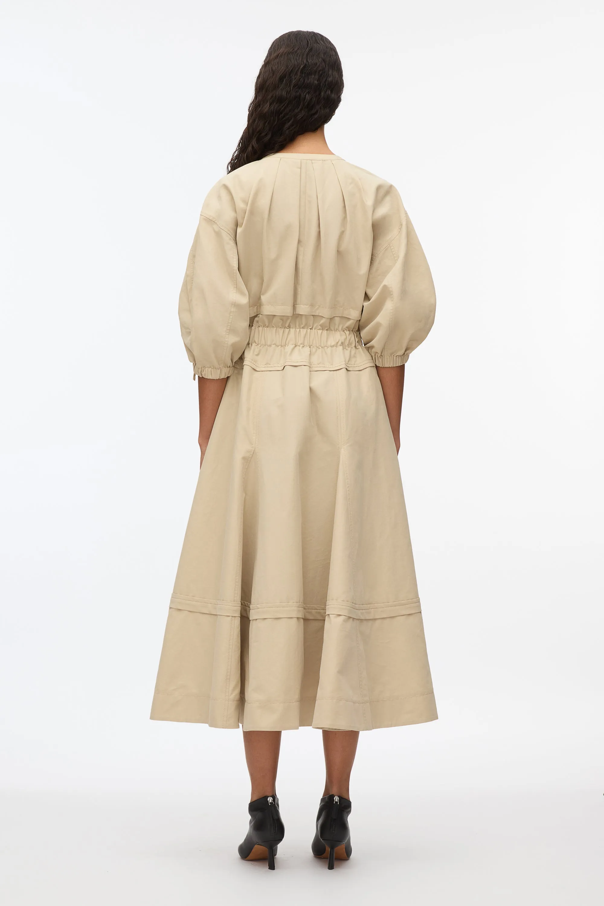 Cinched V-Neck Dress with Gathered Sleeves