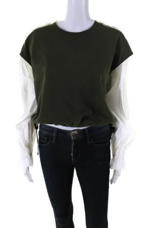 Cinq  Sept Womens Olive Green Cotton Long Sleeve Sweatshirt Blouse Top