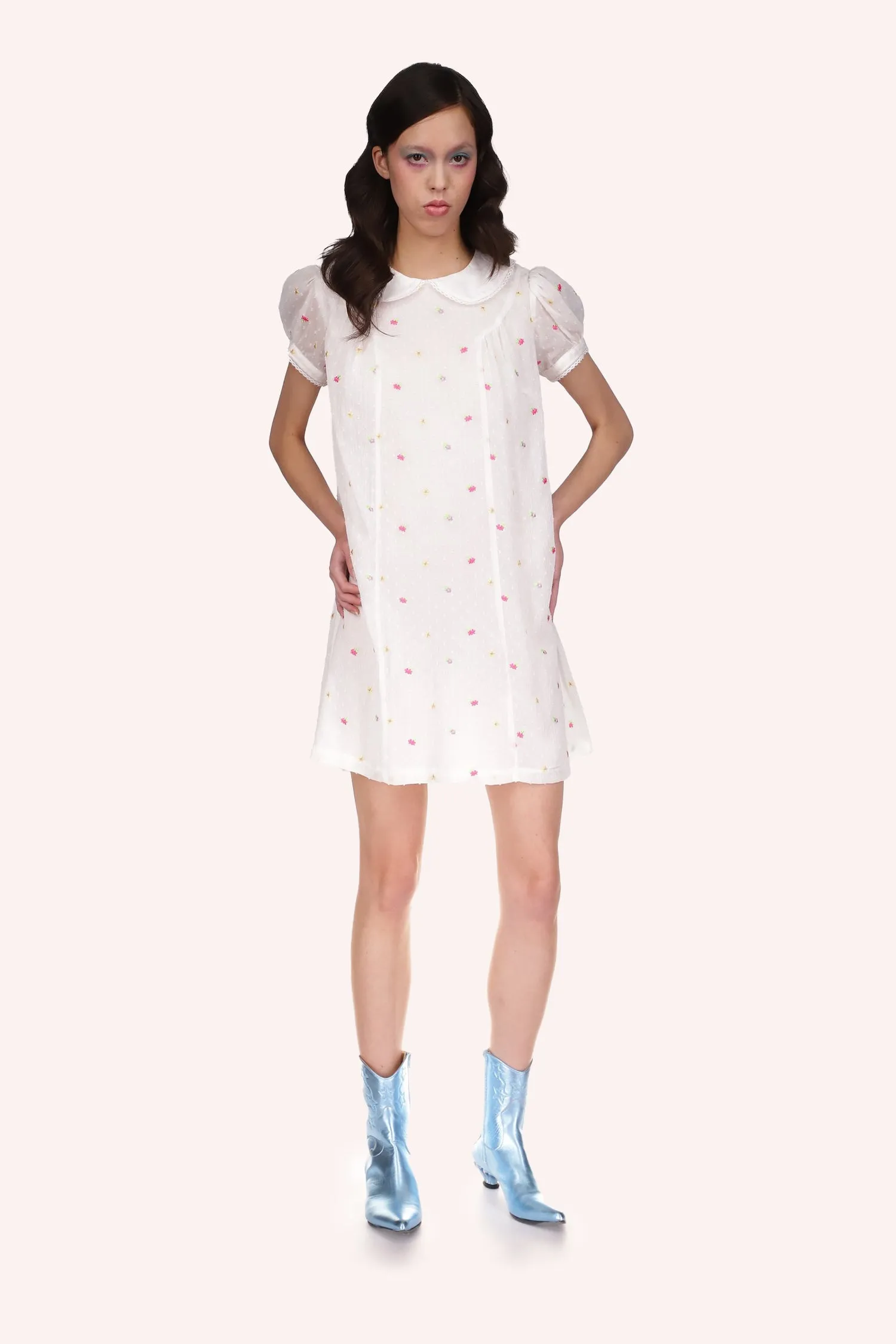 Cluny Lace Trimmed Floral Swiss Dot Babydoll Dress Annasui