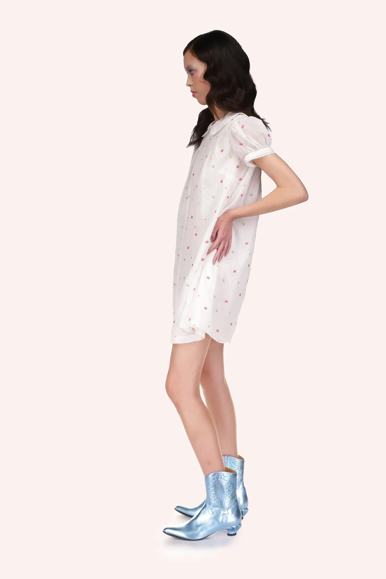 Cluny Lace Trimmed Floral Swiss Dot Babydoll Dress Annasui