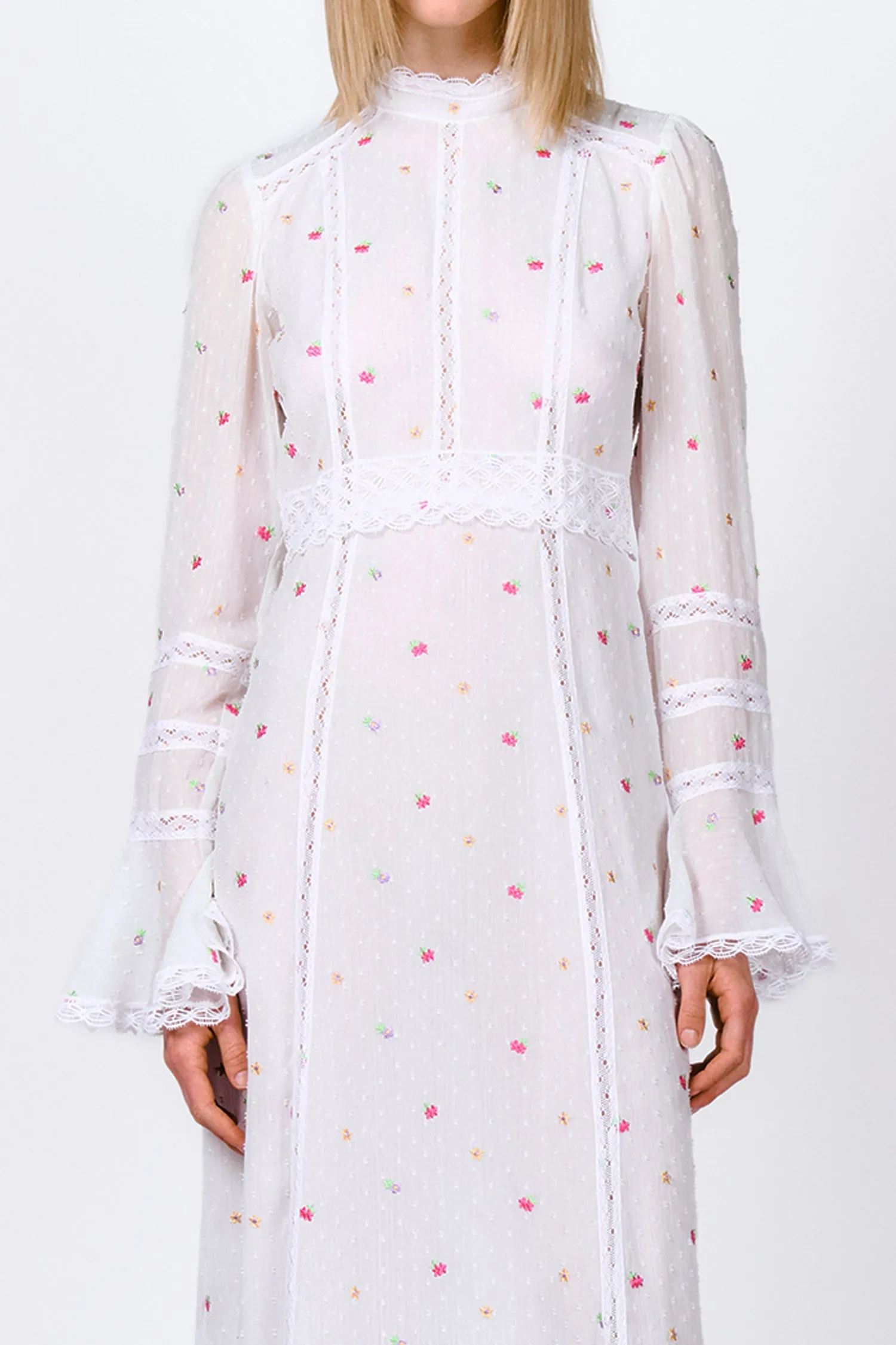Cluny Lace Trimmed Floral Swiss Dot Maxi Dress Annasui