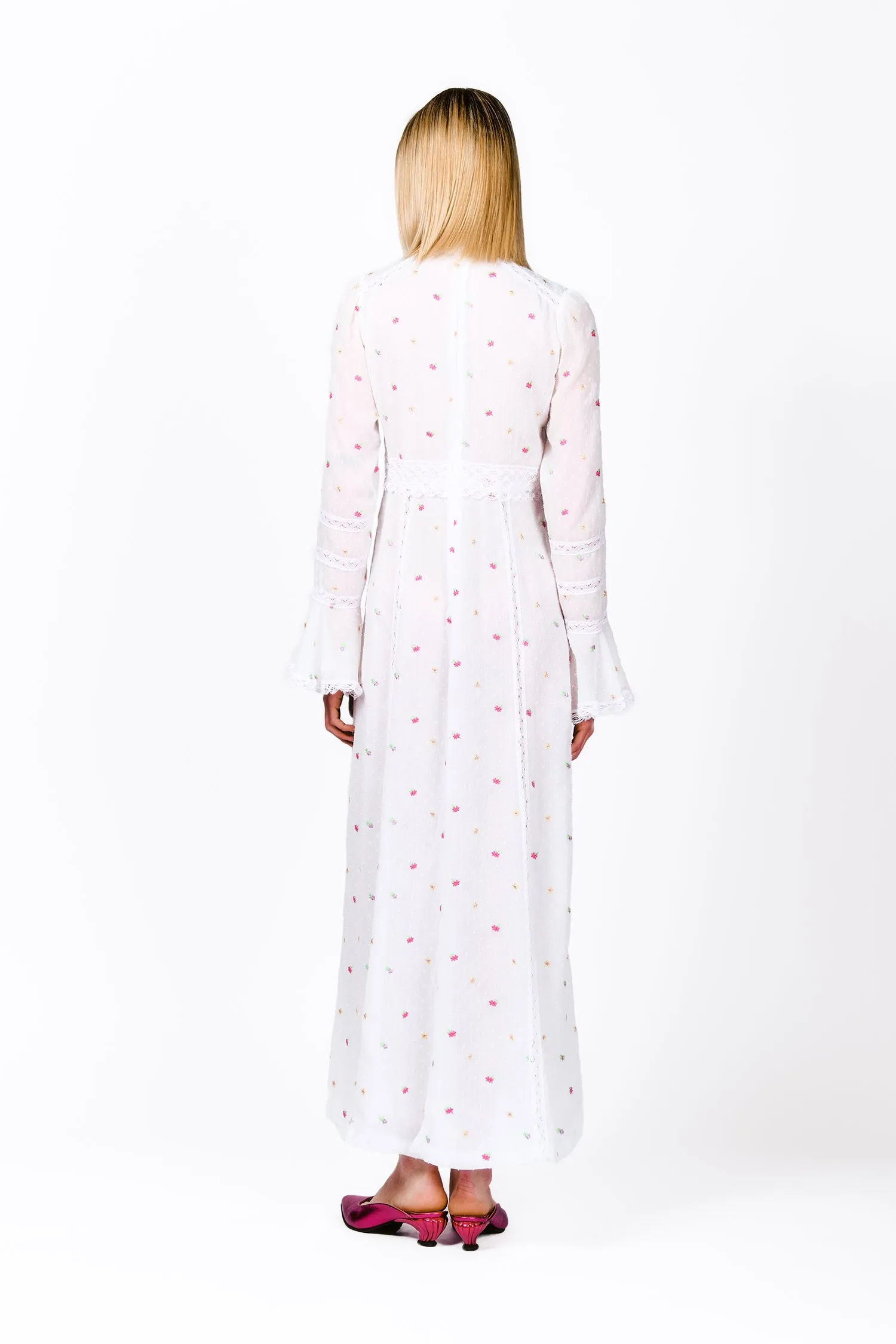 Cluny Lace Trimmed Floral Swiss Dot Maxi Dress Annasui