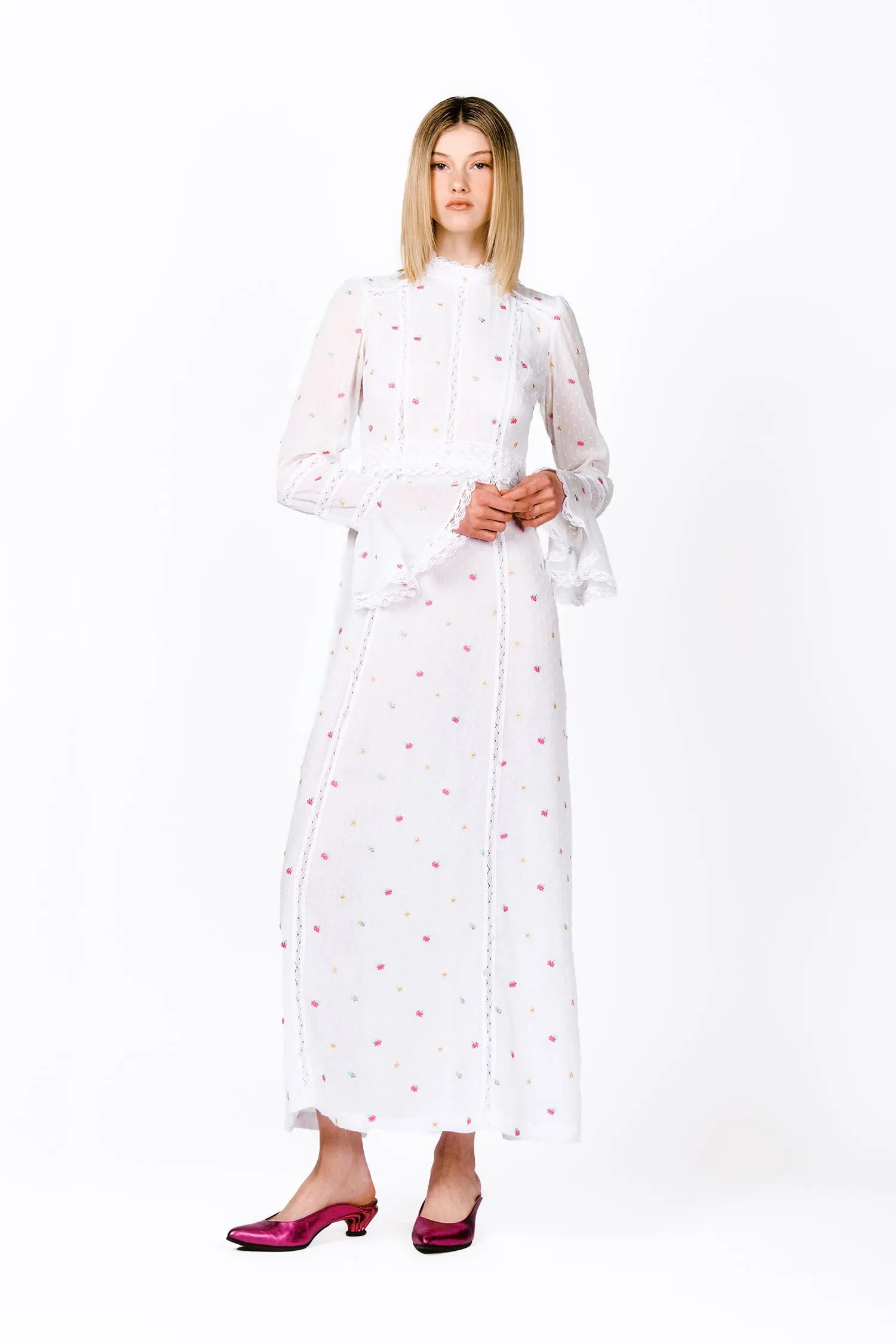 Cluny Lace Trimmed Floral Swiss Dot Maxi Dress Annasui