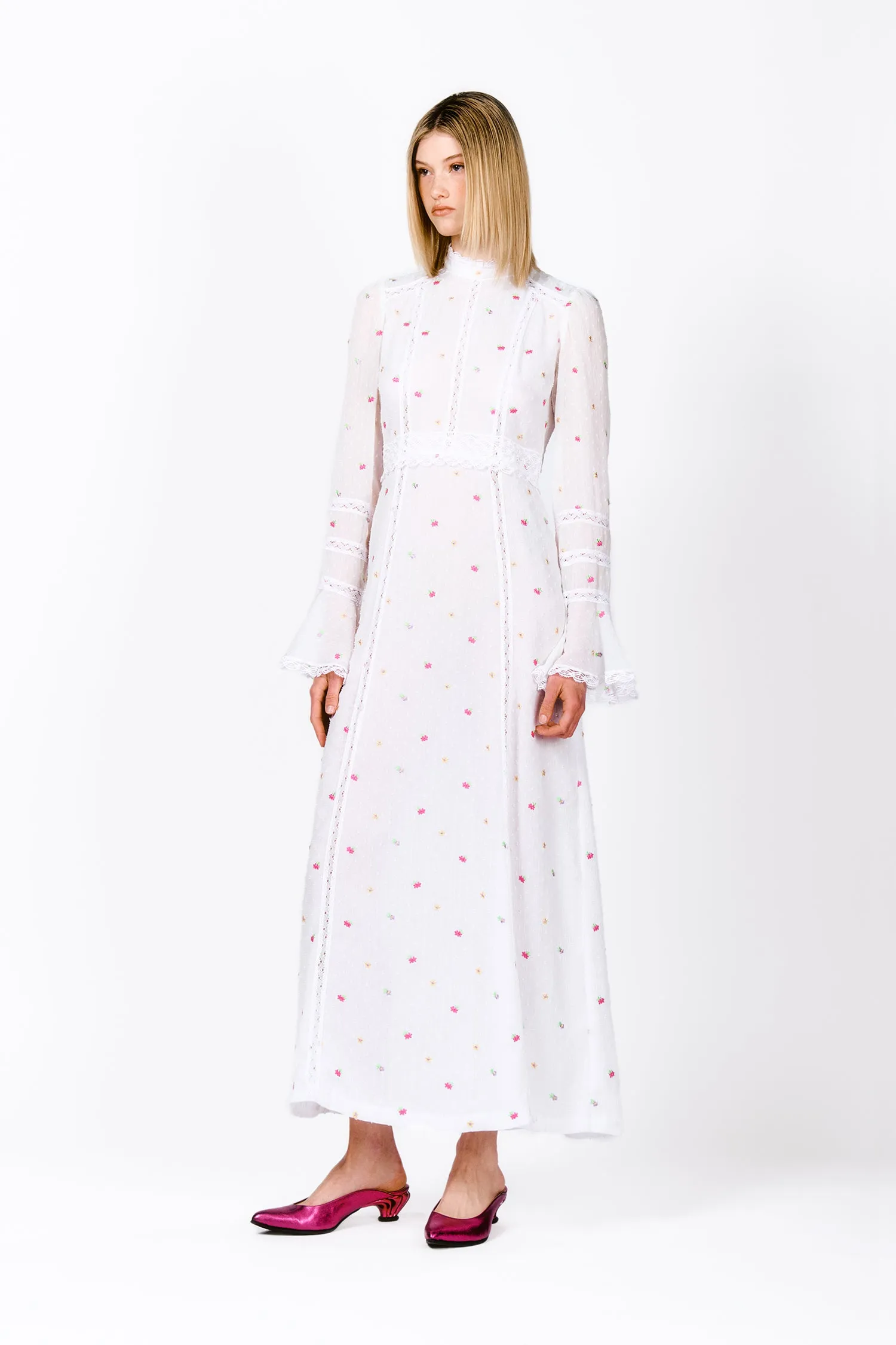 Cluny Lace Trimmed Floral Swiss Dot Maxi Dress Annasui