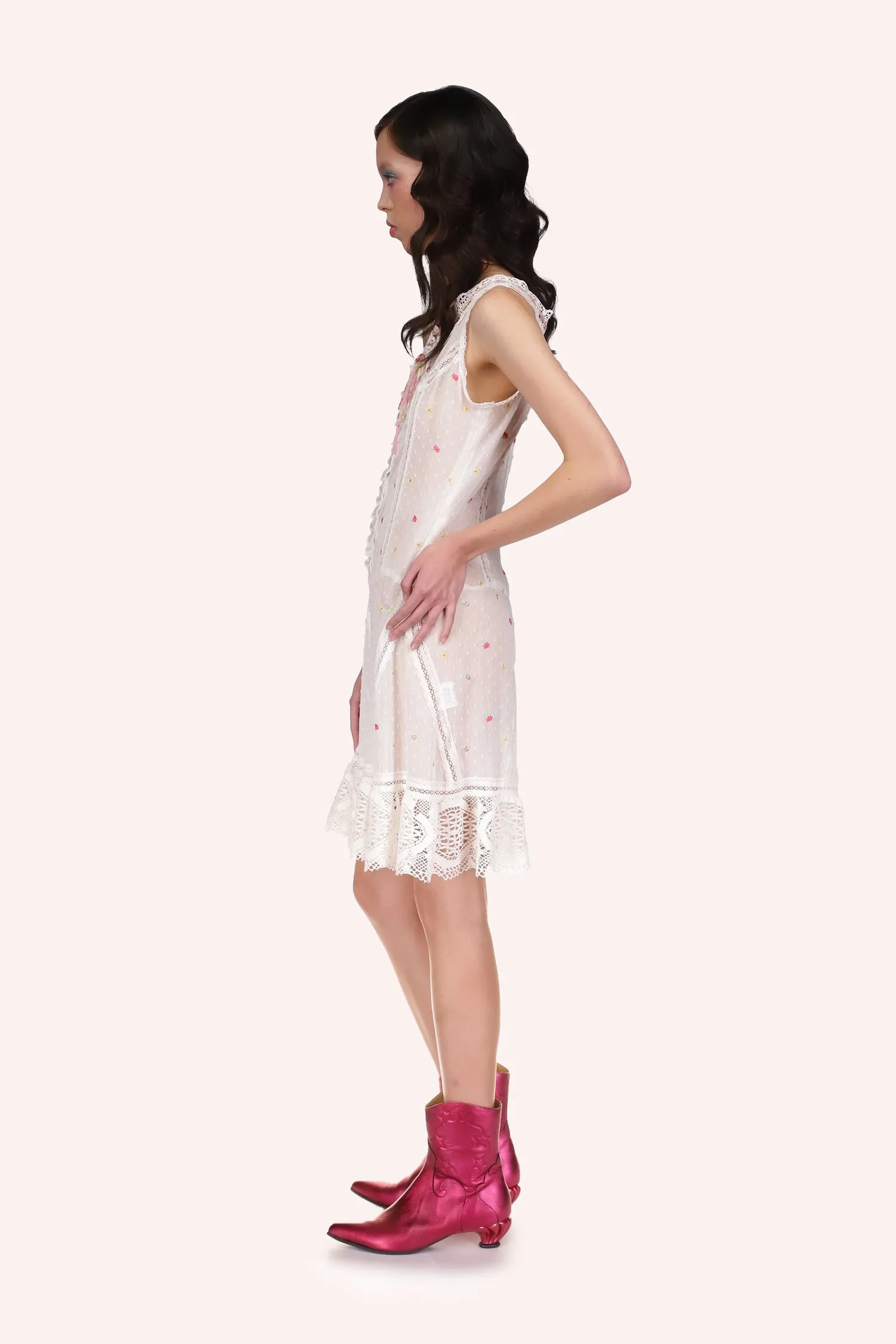 Cluny Lace Trimmed Floral Swiss Dot Slip Dress Annasui