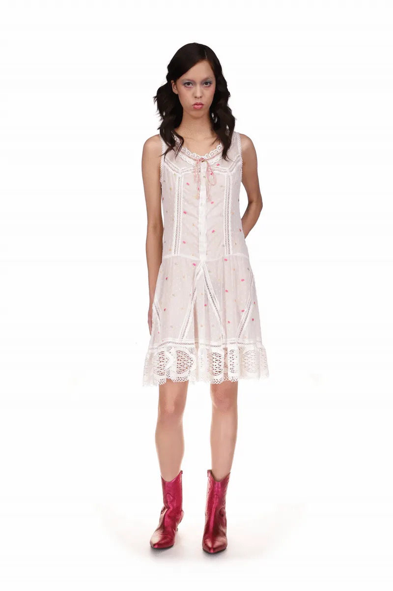 Cluny Lace Trimmed Floral Swiss Dot Slip Dress Annasui
