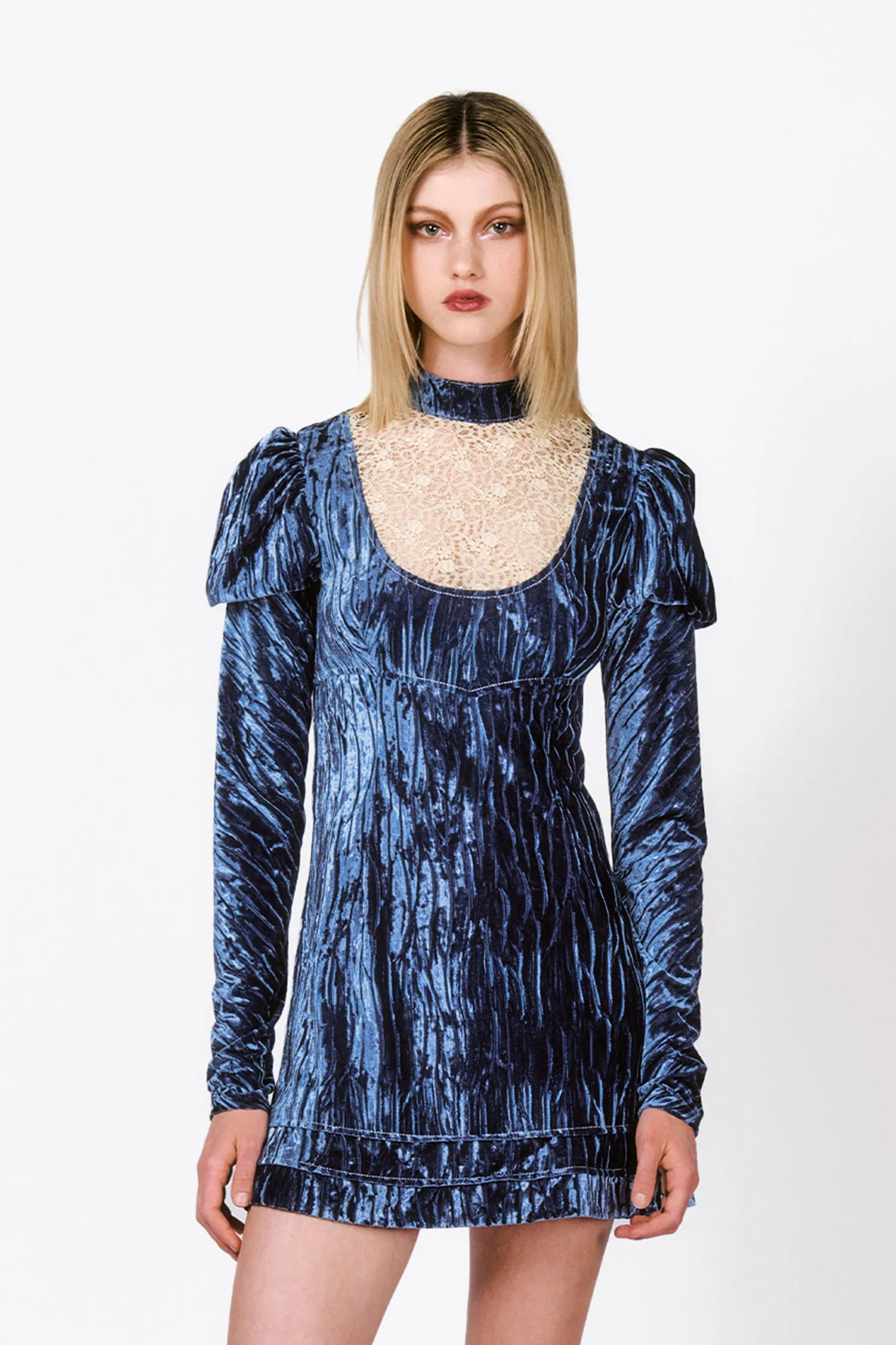 Crushed Velvet Cream Lace Mini Dress Annasui
