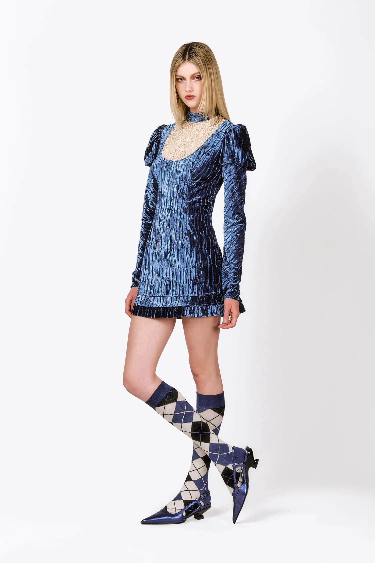 Crushed Velvet Cream Lace Mini Dress Annasui