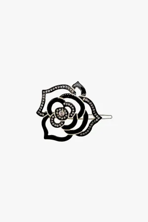 Cutout Crystal Embroidered Rose Side Barrette-Black Annasui