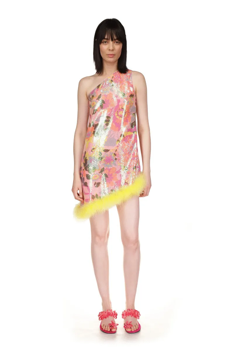 Dahlias Iridescent Sequin Asymmetrical Dress Annasui