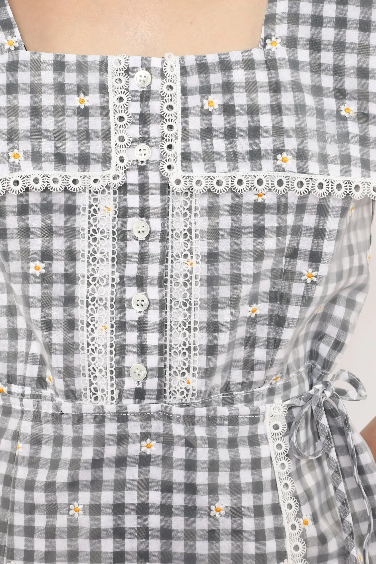 Daisy Embroidery on Gingham Tie Romper Annasui