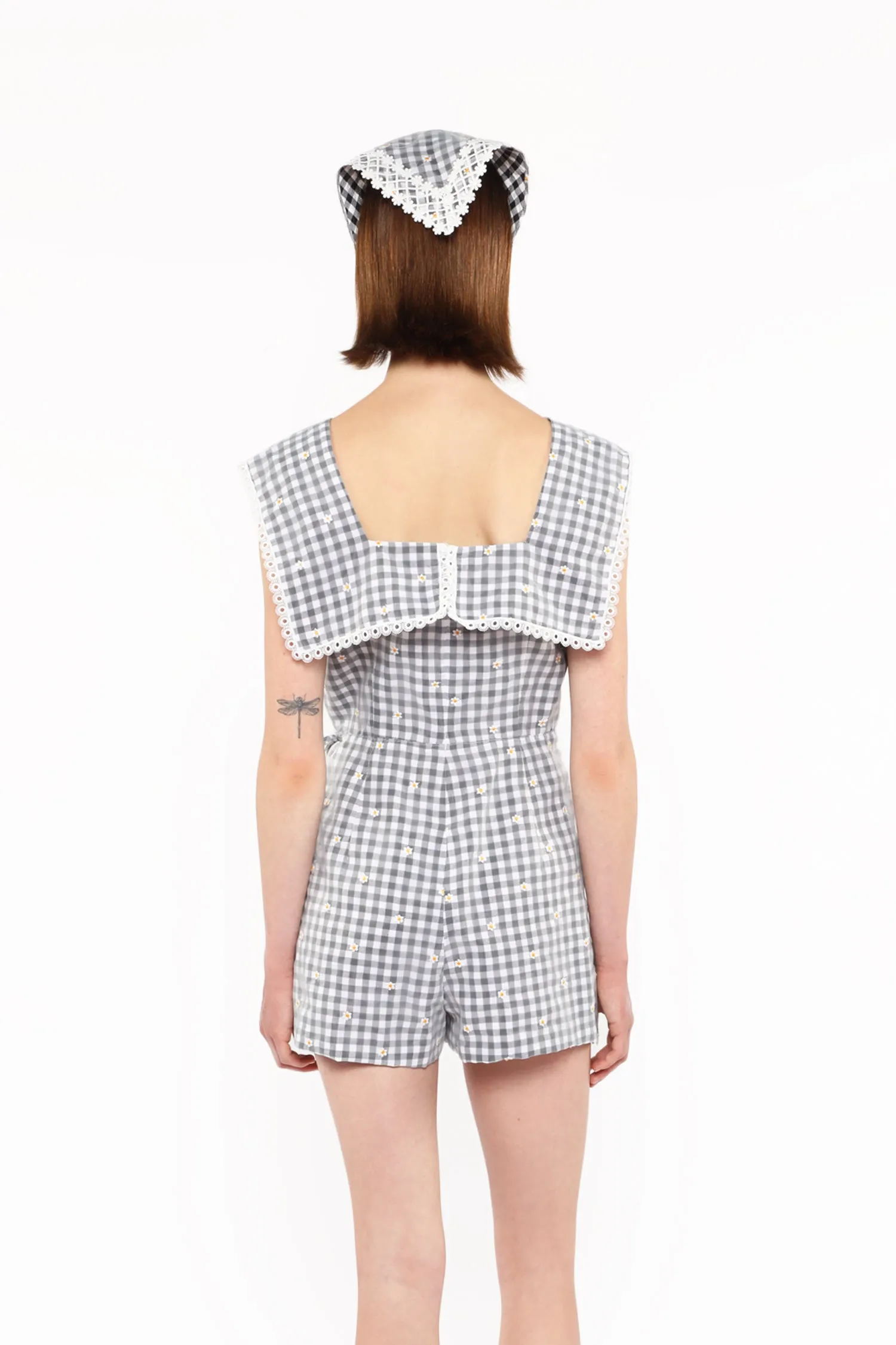 Daisy Embroidery on Gingham Tie Romper Annasui