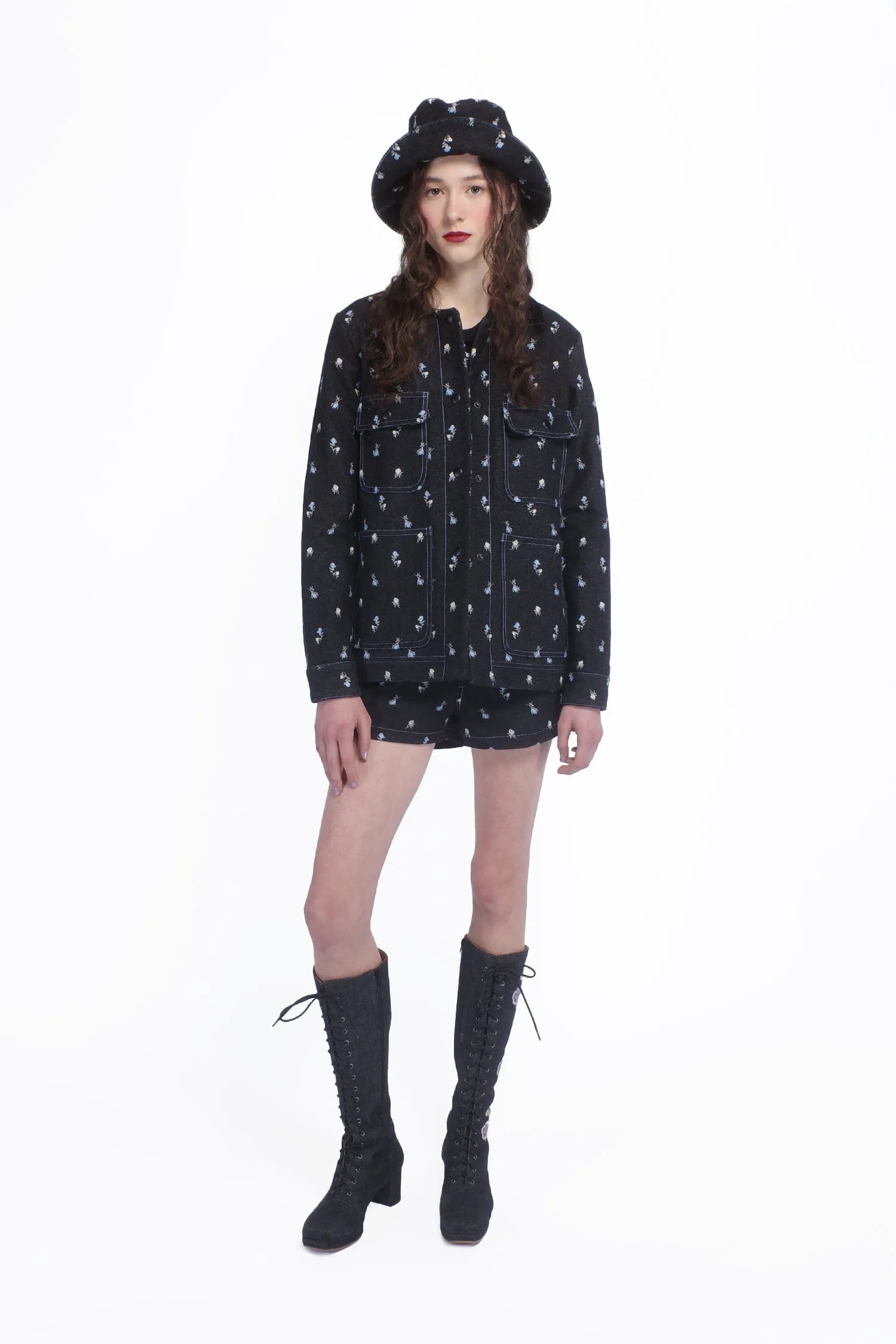 Denim Embroidered Roses Barn Jacket Annasui