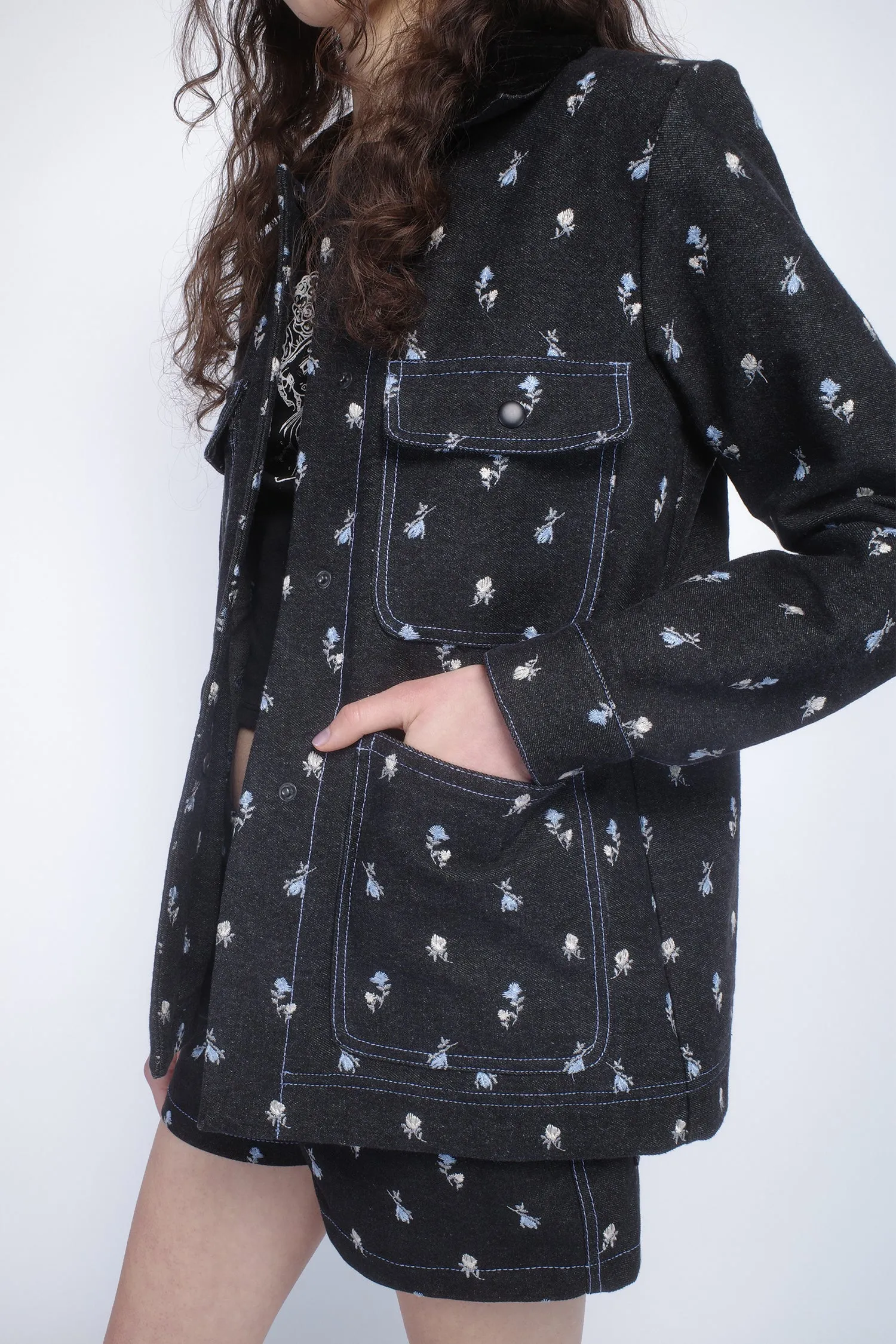 Denim Embroidered Roses Barn Jacket Annasui
