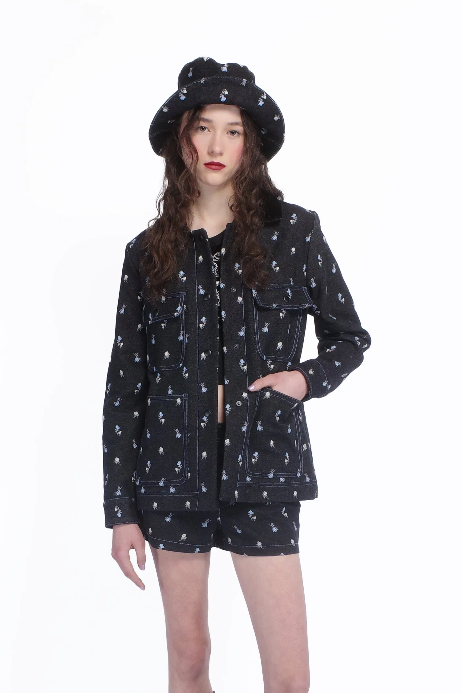 Denim Embroidered Roses Barn Jacket Annasui