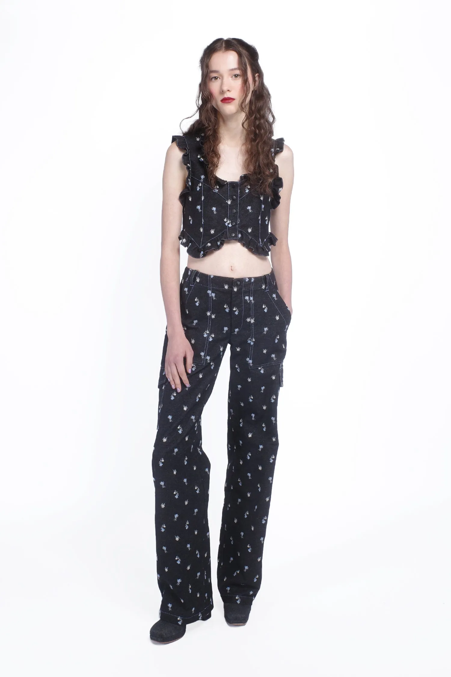 Denim Embroidered Roses Cargo Pants Annasui