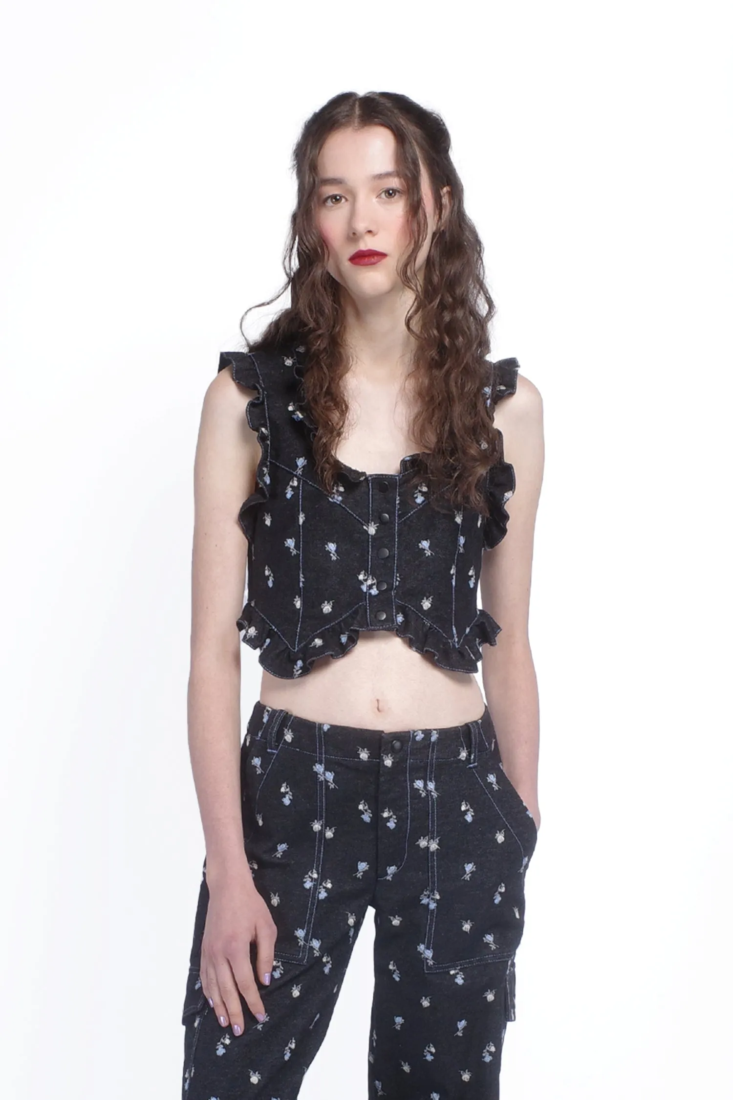 Denim Embroidered Roses Cropped Vest Annasui