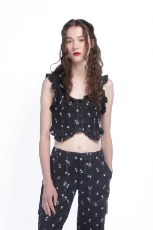 Denim Embroidered Roses Cropped Vest Annasui