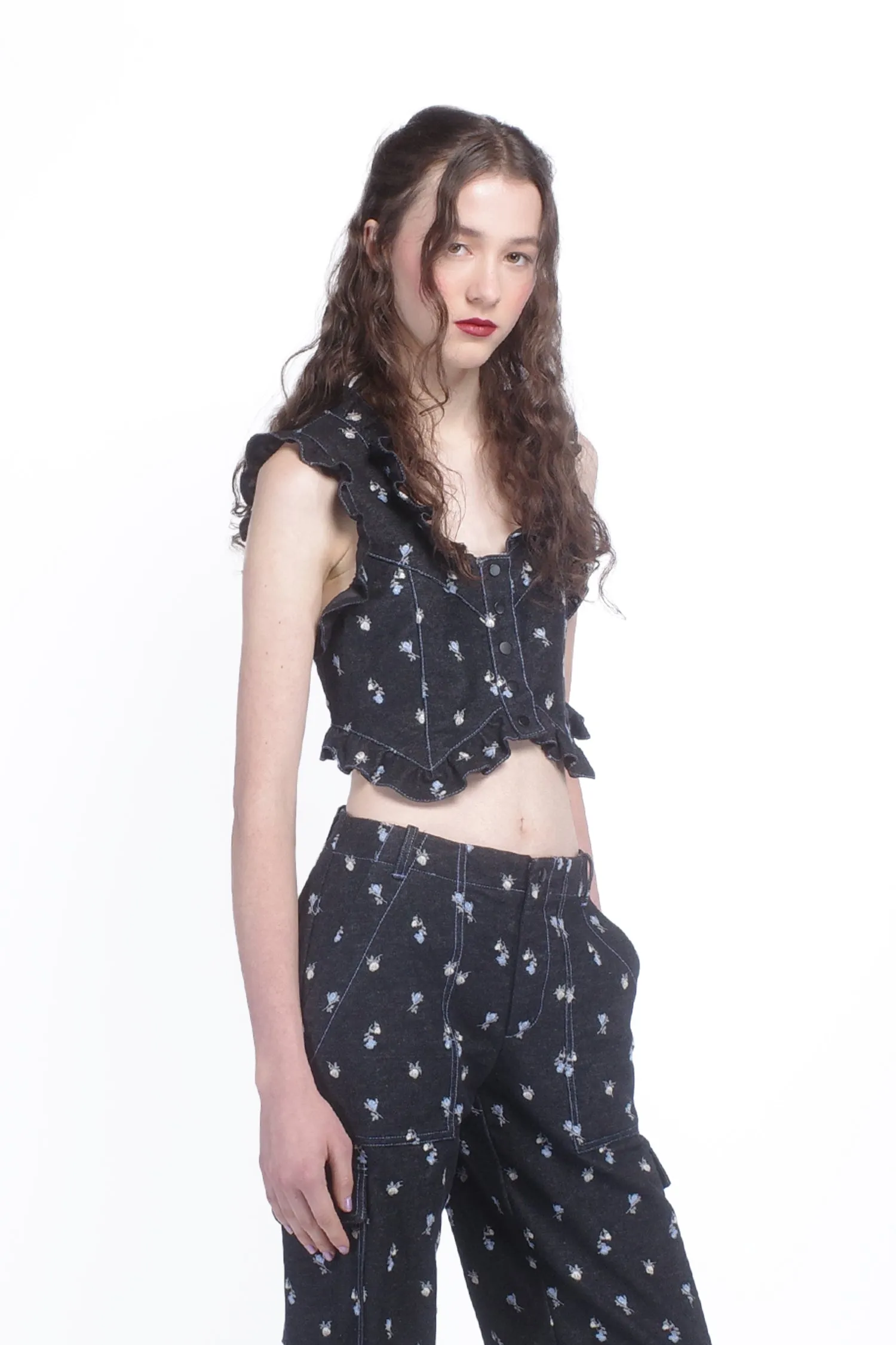 Denim Embroidered Roses Cropped Vest Annasui
