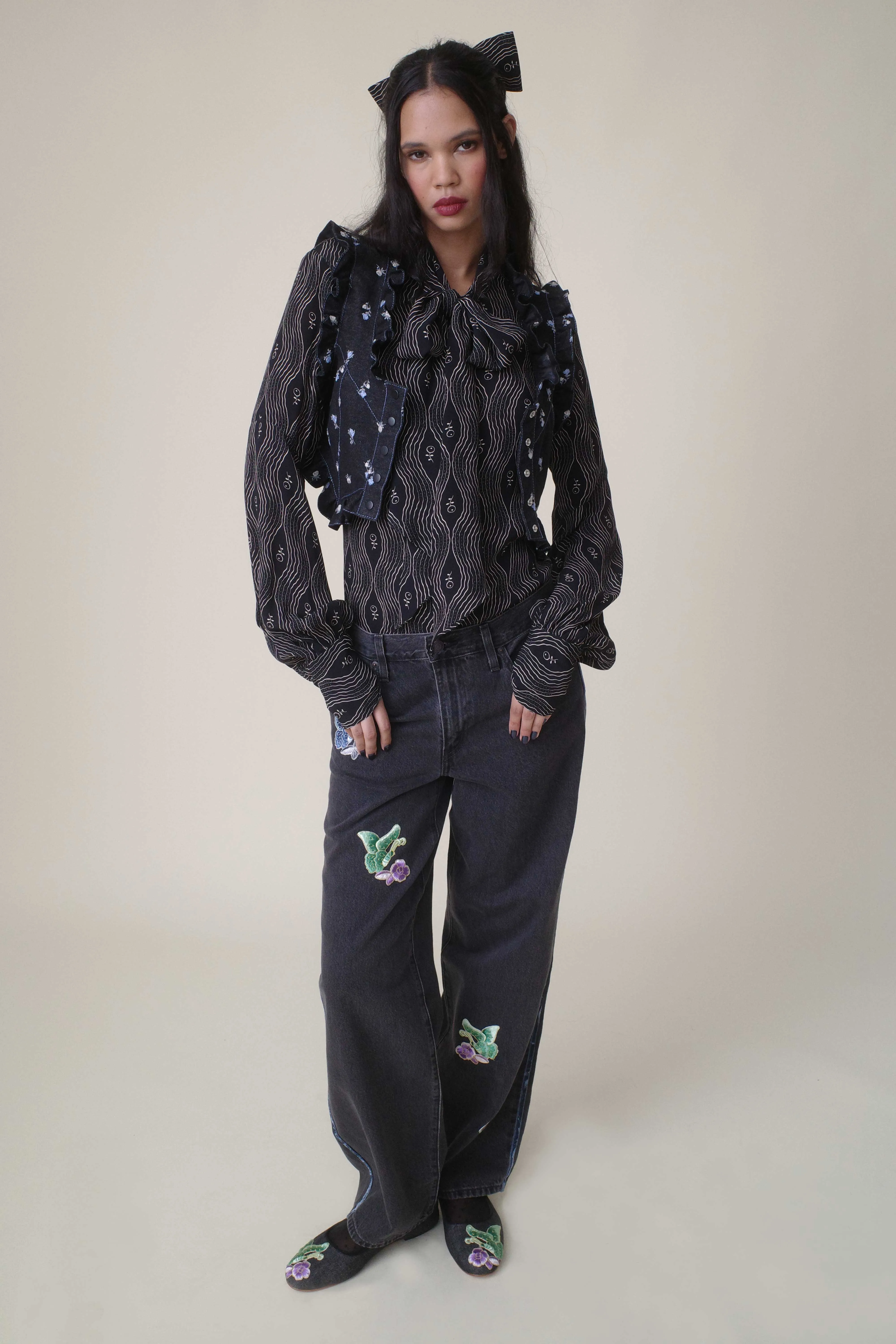 Denim Embroidered Roses Cropped Vest Annasui