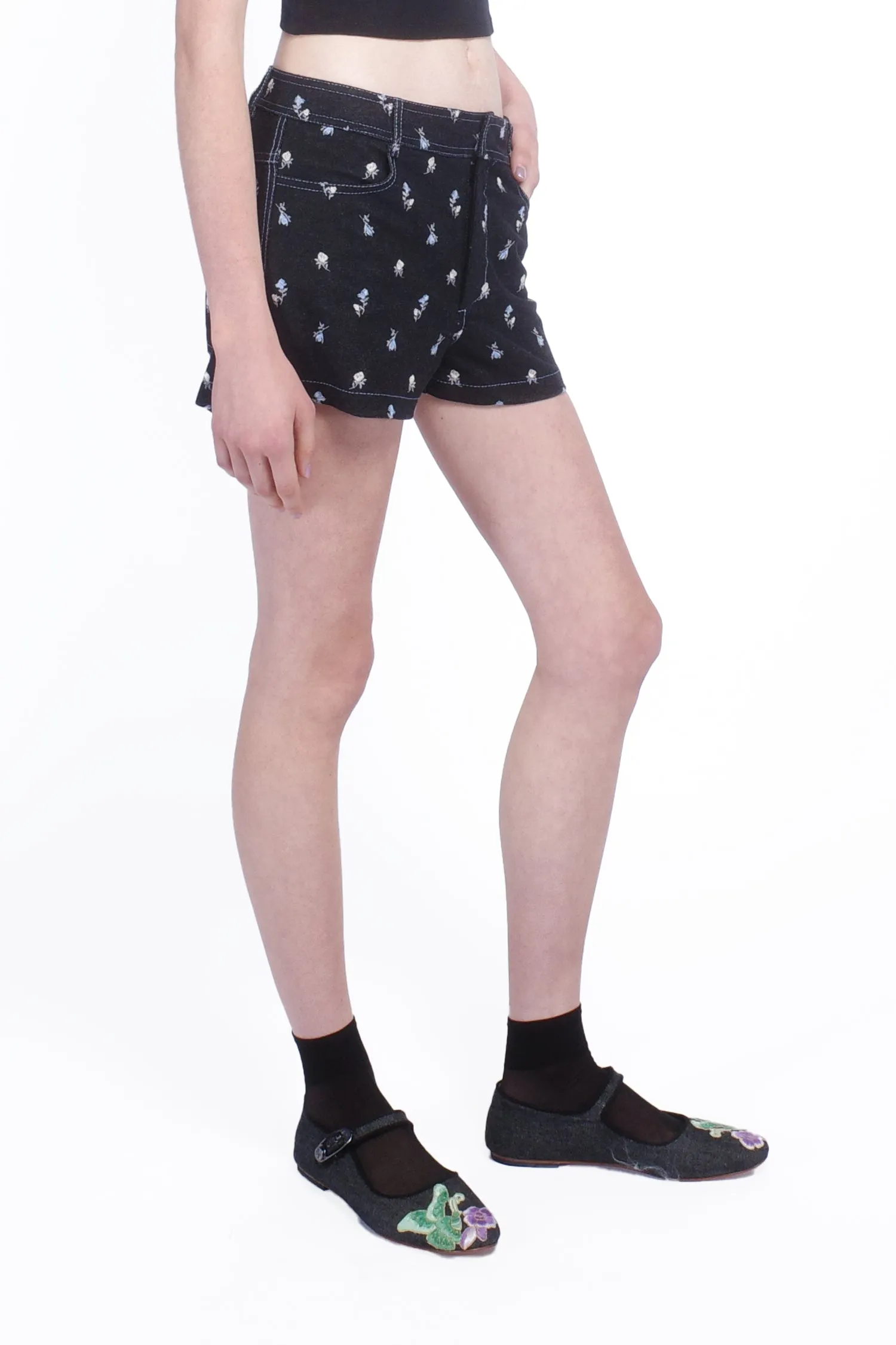 Denim Embroidered Roses Shorts Annasui